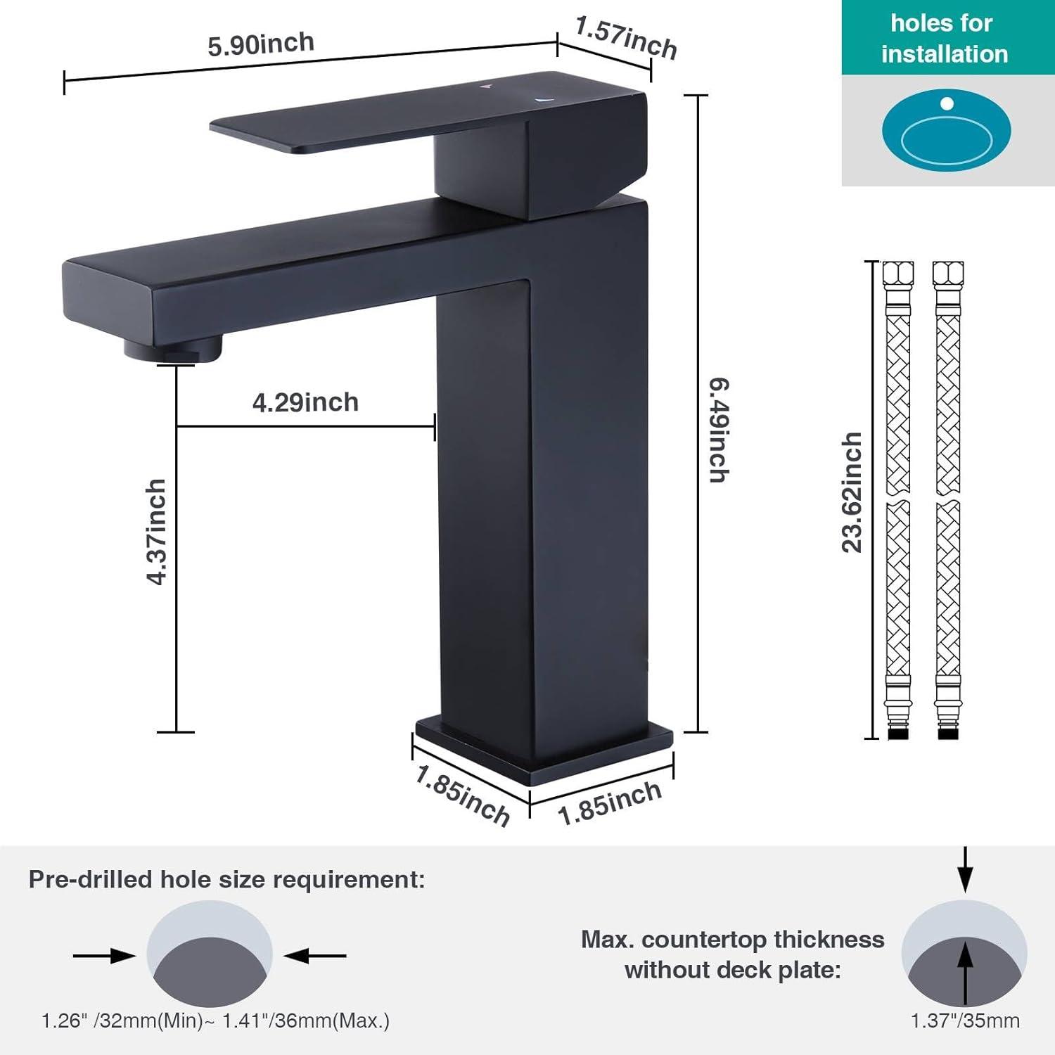 Matte Black Single Handle Bathroom Sink Faucet, Stainless Steel Bathroom Faucet with cUPC Certified Water Supply Hoses, Commercial Vanity Faucet Modern Single Hole RV Bathroom Faucets