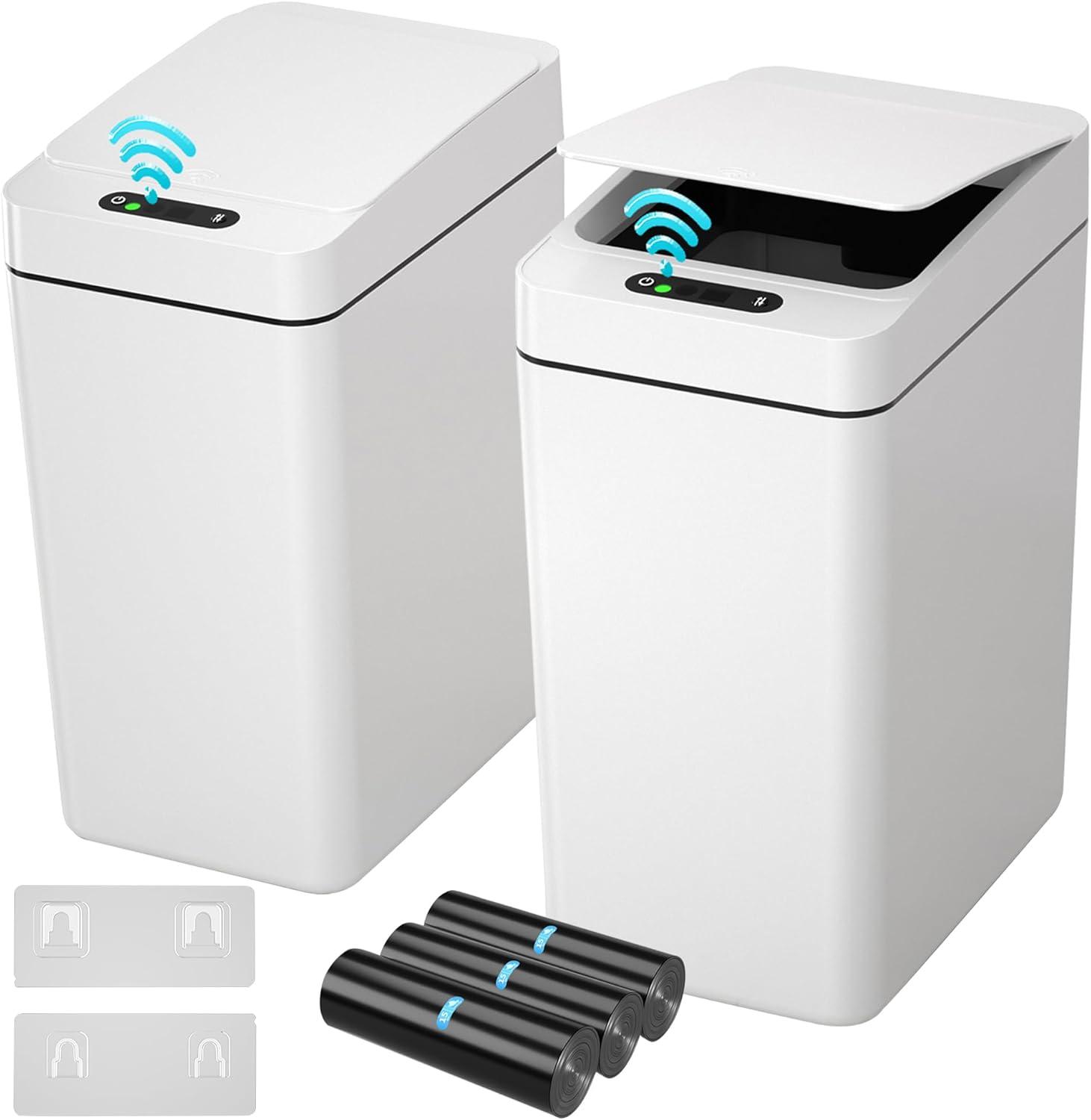 FEIYAN Automatic Bathroom Trash Can 2.6 Gallon Touchless Garbage Cans With Lid 2 Pack Small Slim Motion Sensor Smart Trash Bin For Bedroom, Bathroom, Office, Kitchen, Living Room, White | Wayfair