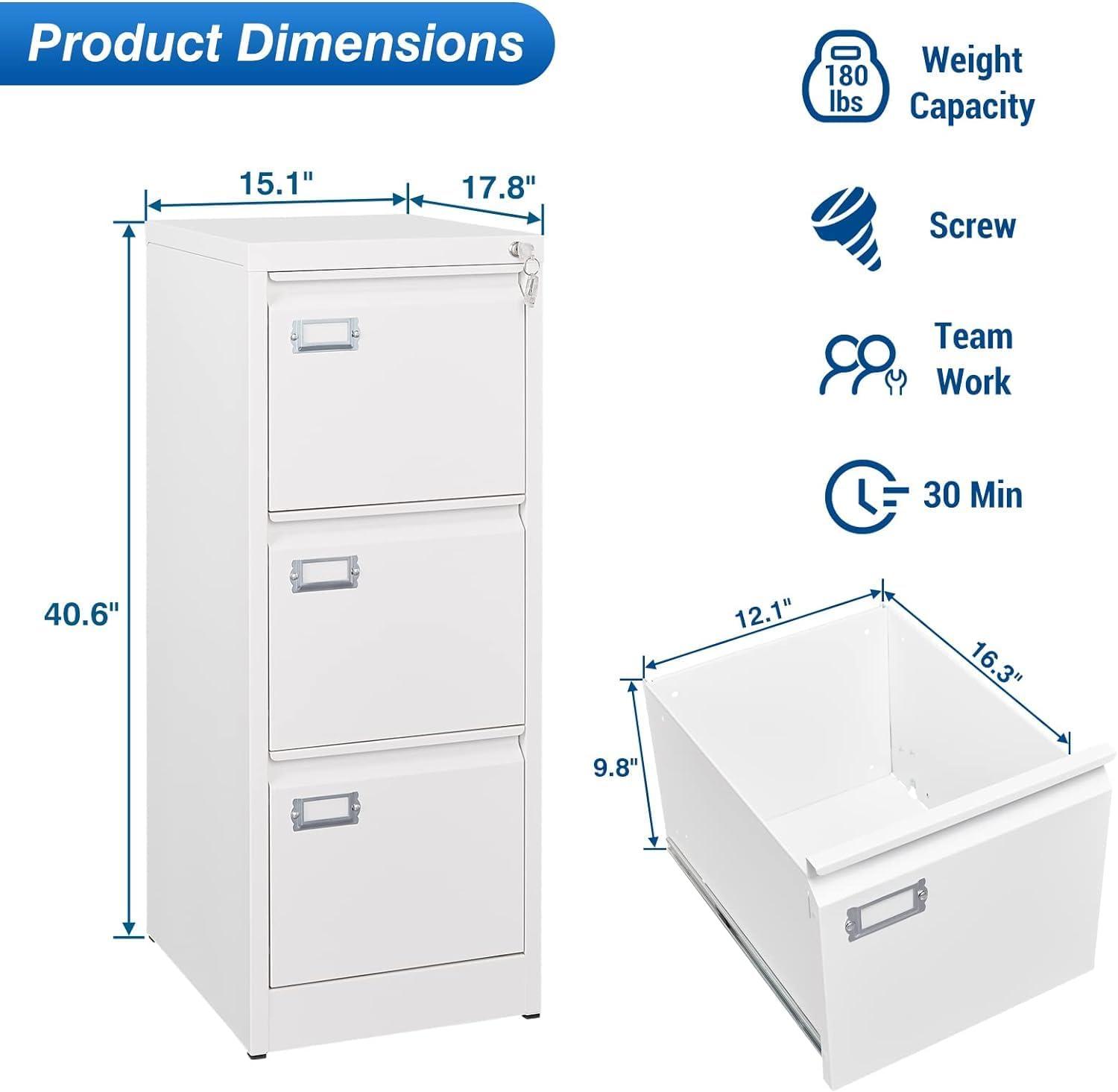 3 Drawers Vertical File Cabinets - 17.8" Deep Lockable Filing Cabinet - White Metal Storage Cabinets for Home Office to Hanging Files Letter/Legal/F4/A4 Size