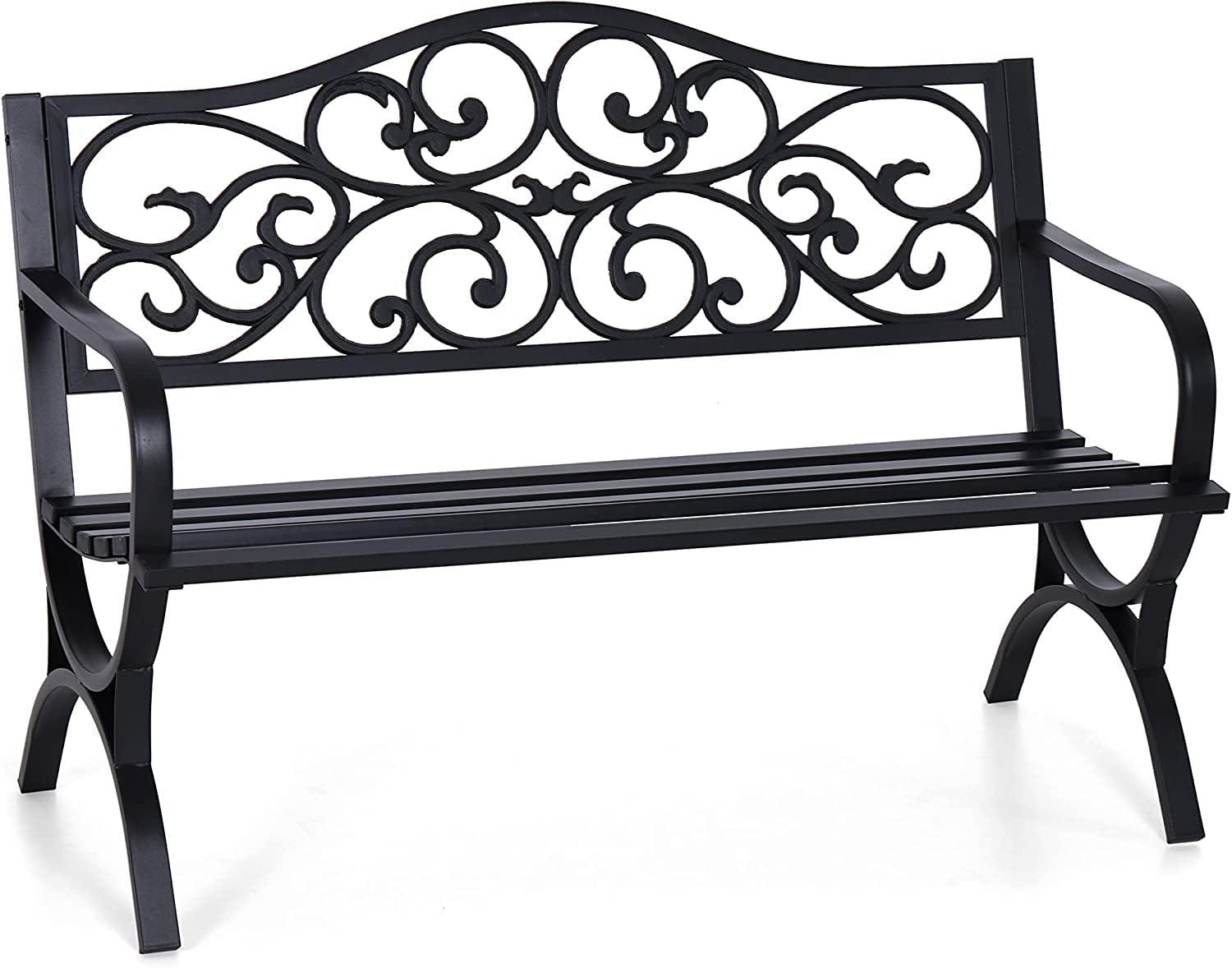 Patio Garden Bench 50 inch Outdoor Metal Loveseat Chairs with Armrests Slatted Seat and w/Floral Design Backrest for Park, Yard, Porch, Lawn, Balcony, Backyard, Black