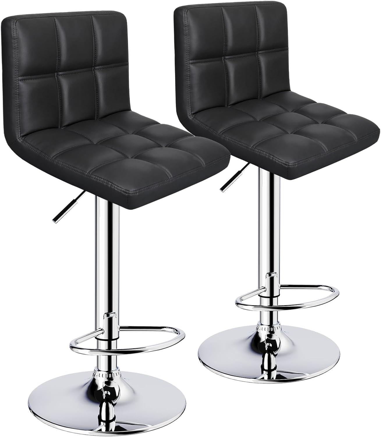Barstools Set of 2 Counter Height Bar Stools Height Adjustable Back PU Leather Swivel Stools Hydraulic Swivel Dining Chairs for Kitchen Bar Restaurant Living Room, Black