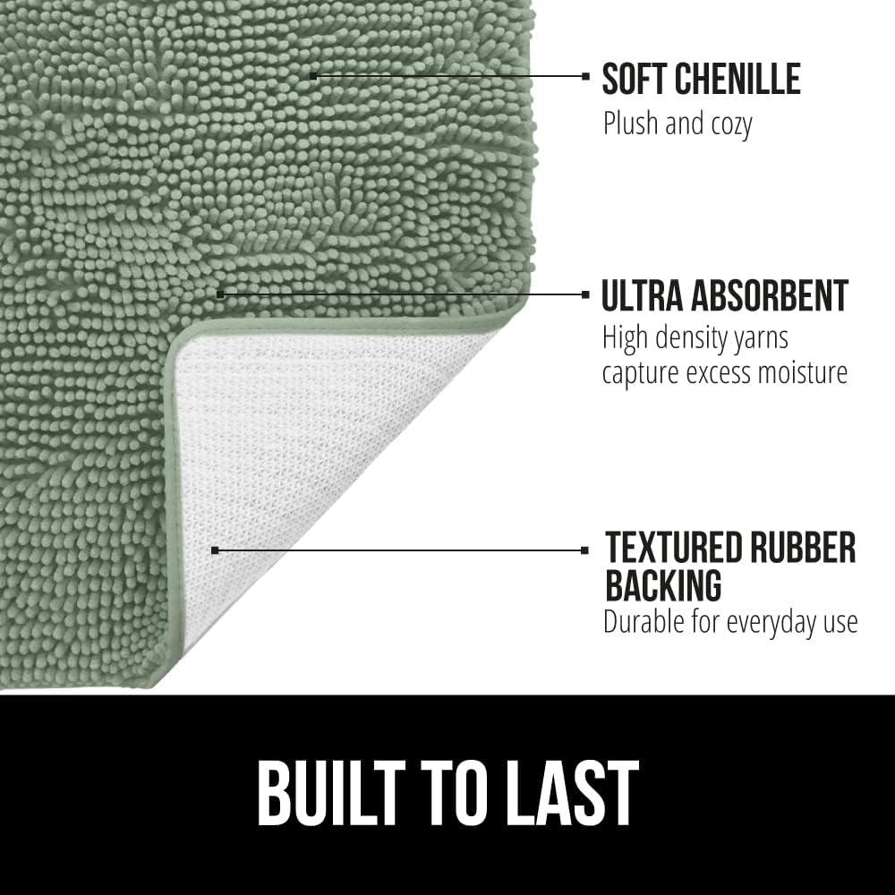 Gorilla Grip Chenille Bath Rug 24x17, Rubber Backing Quick Dry Washable Microfiber Mats, Sage Green