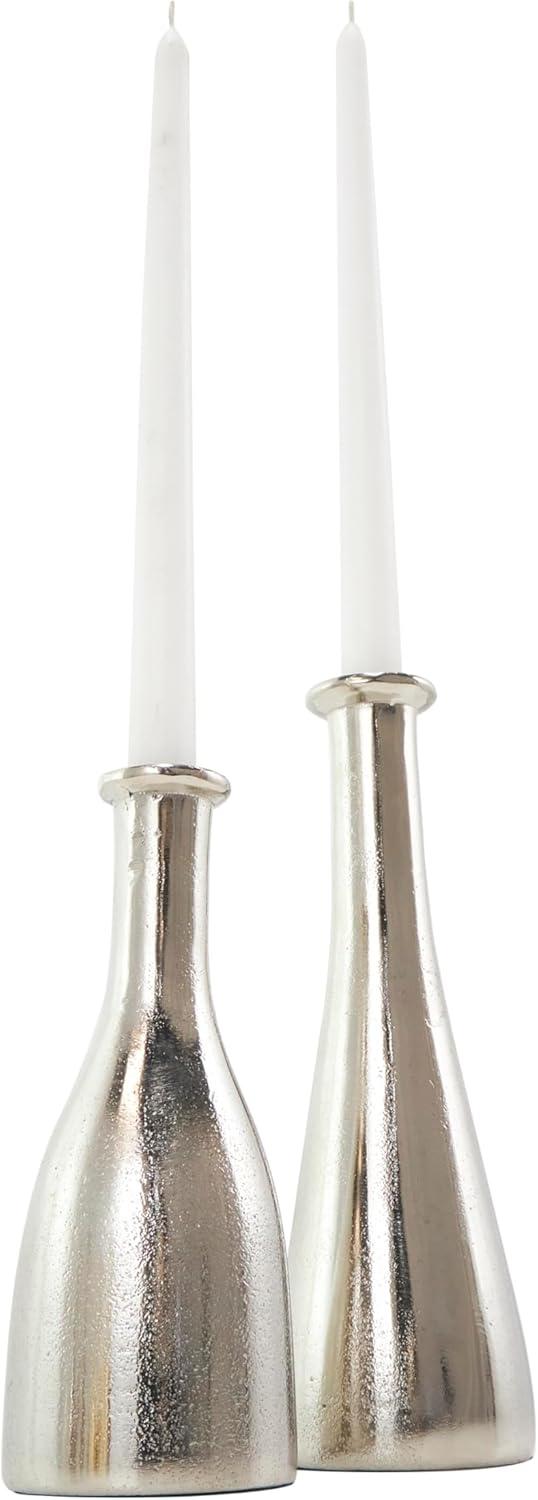 Deco 79 Aluminum Metal Decorative Candle Holder Candle Stand with Varying Shapes, Set of 2 Candlestick Holder 9", 7" H, Silver