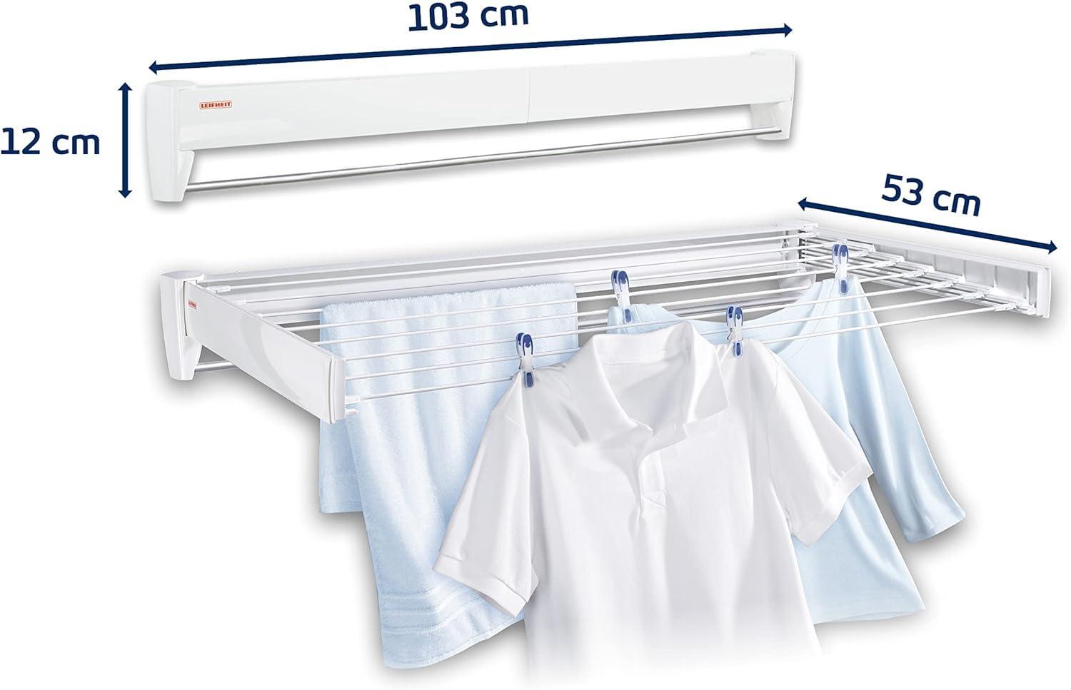 Leifheit Telefix 100 Wall-Mounted Retractable Clothes Drying Rack with 8 Rods, 26 ft. of Drying Space & Sleek Design for Laundry or Dorm Rooms, White