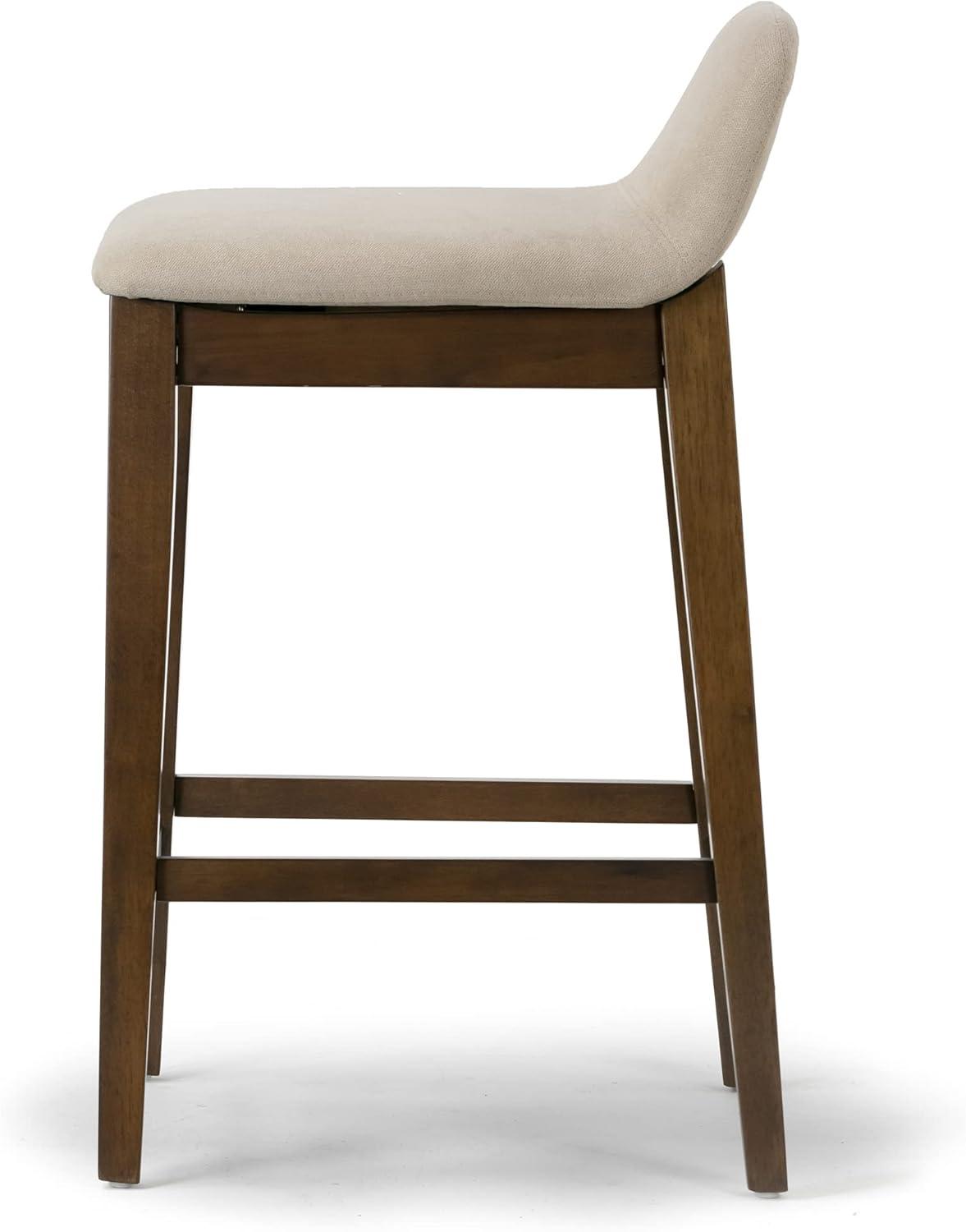 Set of 2 Dark Brown Wood Counter Stools with Beige Fabric Seats