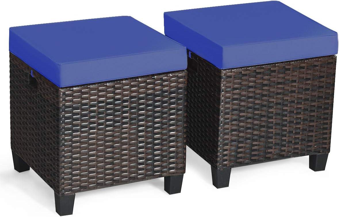 Navy Cushioned Rattan Wicker Outdoor Ottomans, Set of 2