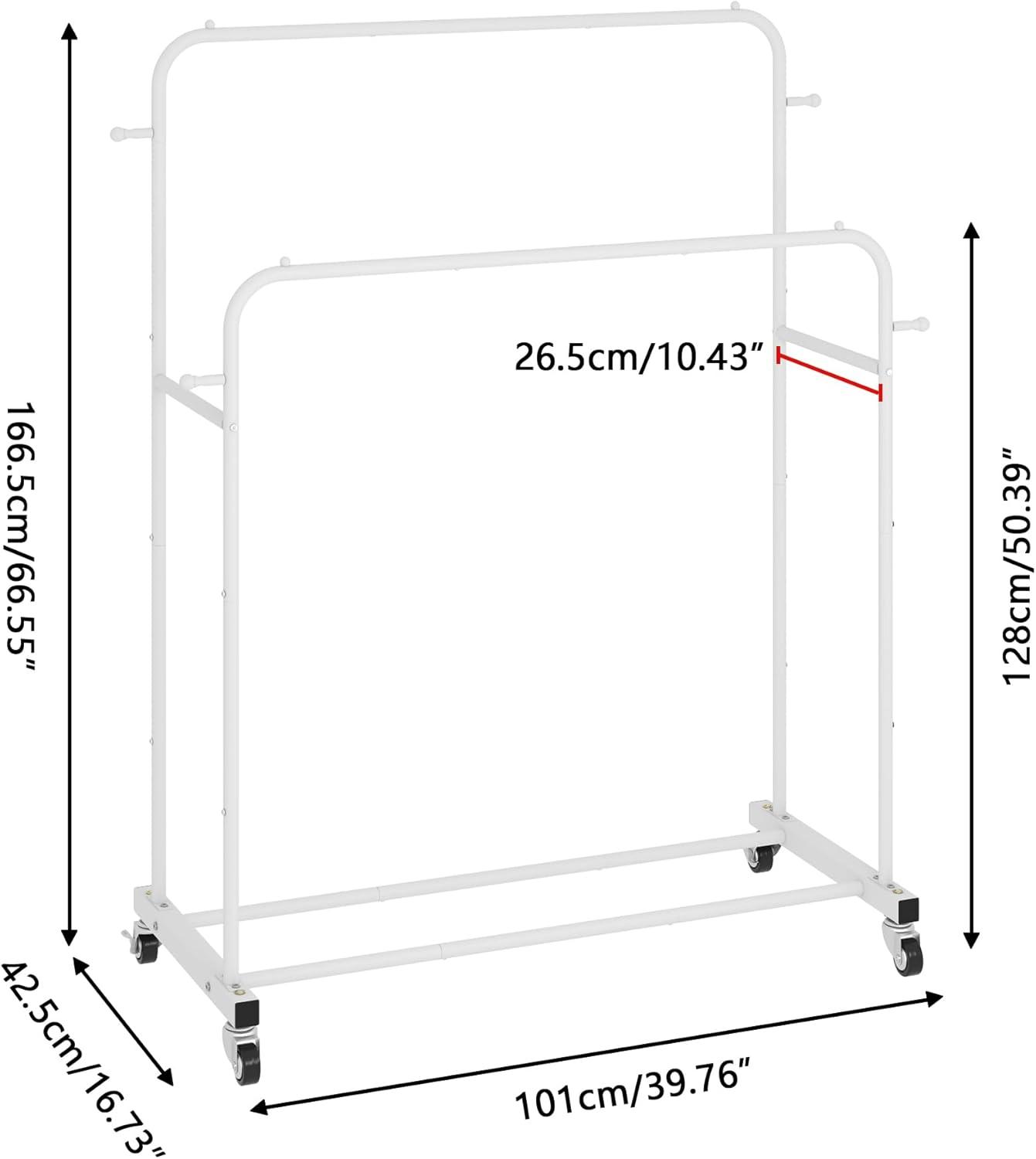 Laiensia Double Rods Garment Rack with Wheels, Clothing Rack for Hanging Clothes,4 Hooks, Multi-functional Bedroom Clothes Rack, White