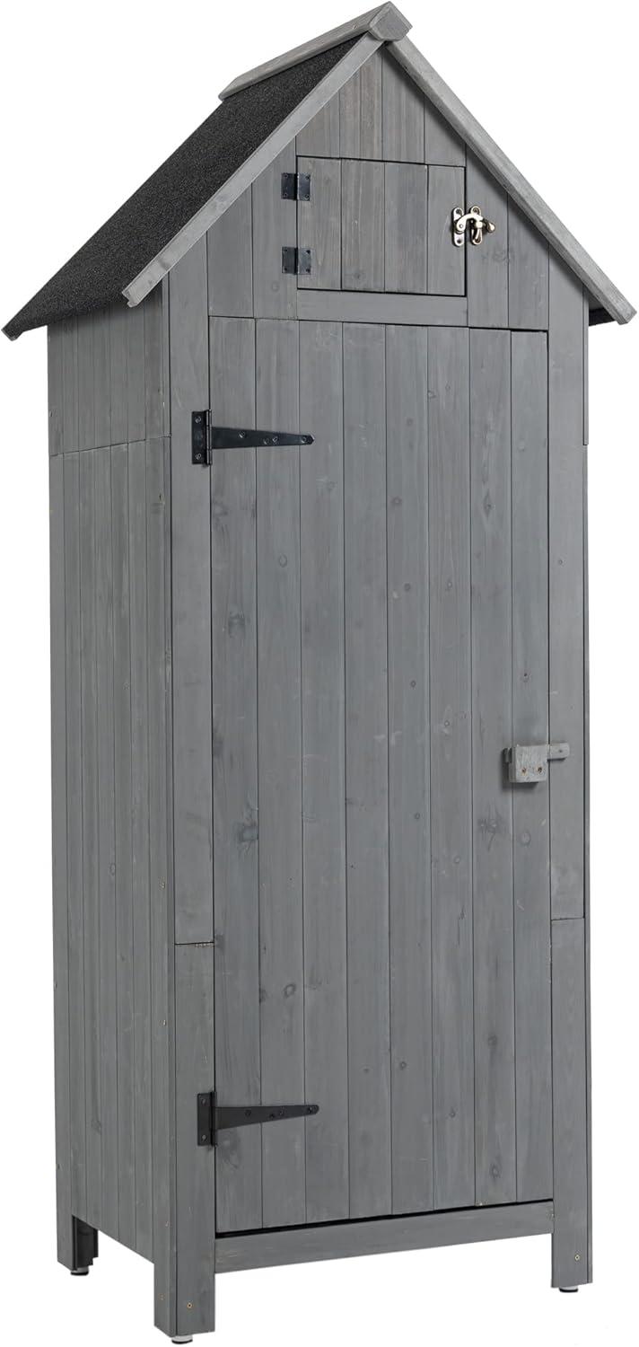 Gray Wooden Outdoor Storage Shed with Shelves and Lockable Doors