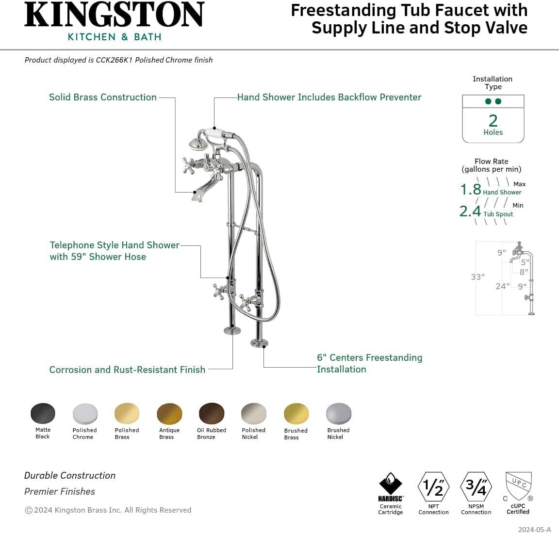 Kingston Brass Kingston Three-Handle 2-Hole Freestanding Tub Faucet with Supply Line and Stop Valve