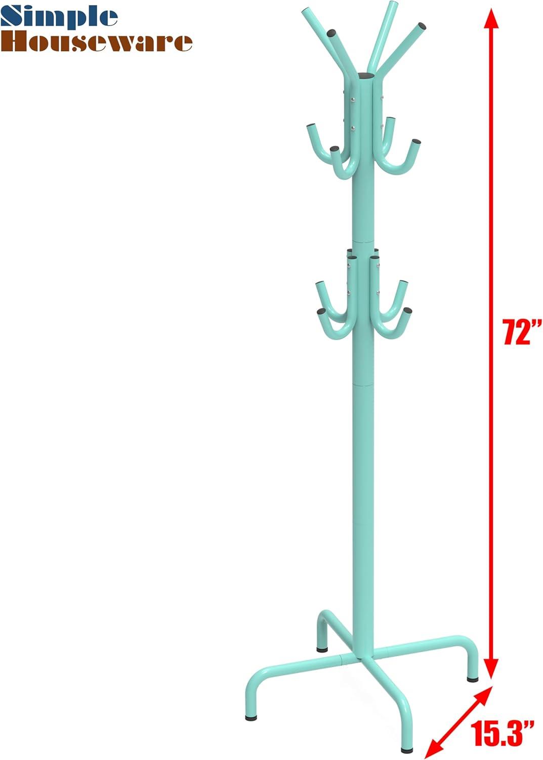 Simple Houseware Free Standing Coat and Hat Hanger Organizer Rack for Entryway, Bedroom, and Hallway, 12 Hooks, Turquoise