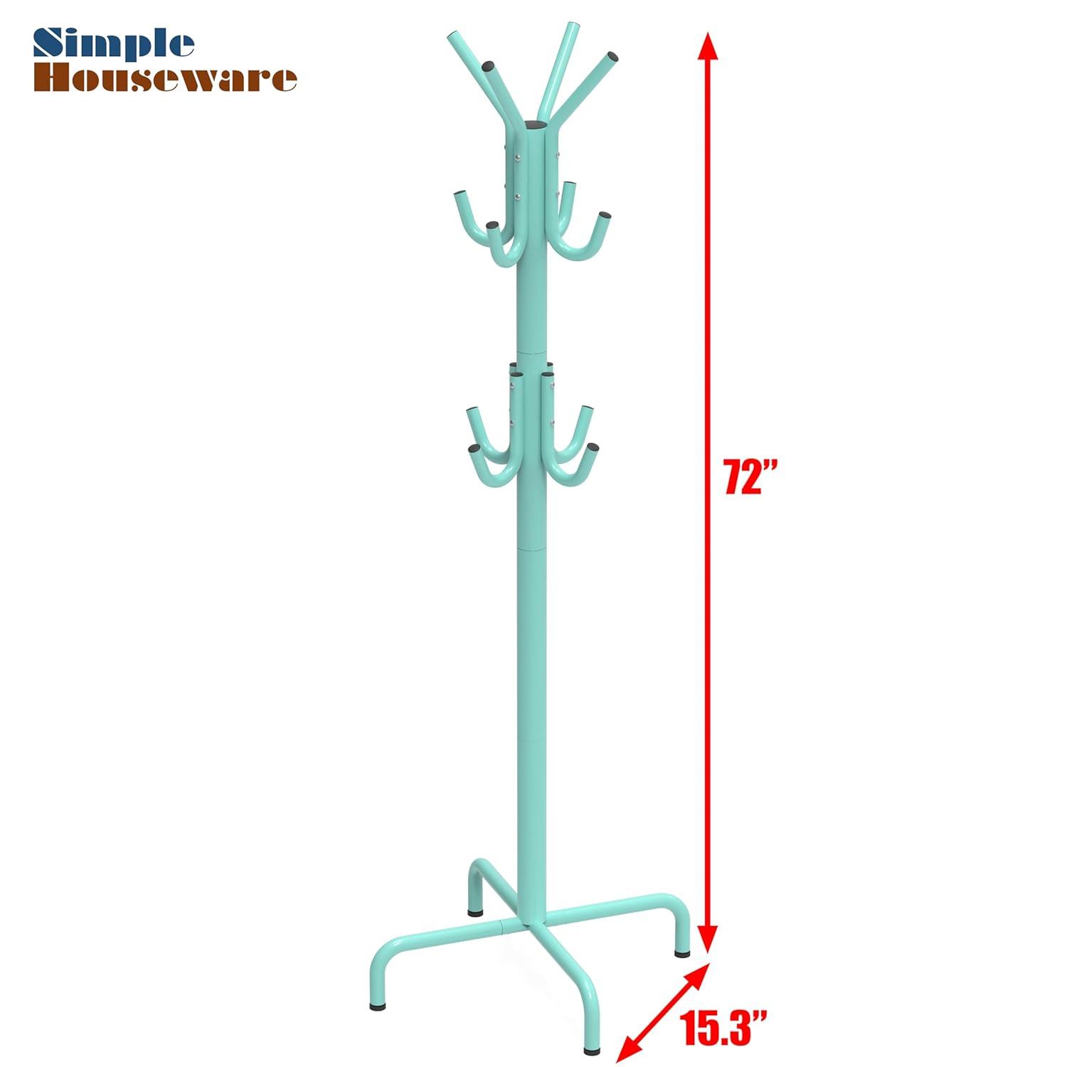 Simple Houseware Free Standing Coat and Hat Hanger Organizer Rack for Entryway, Bedroom, and Hallway, 12 Hooks, Turquoise