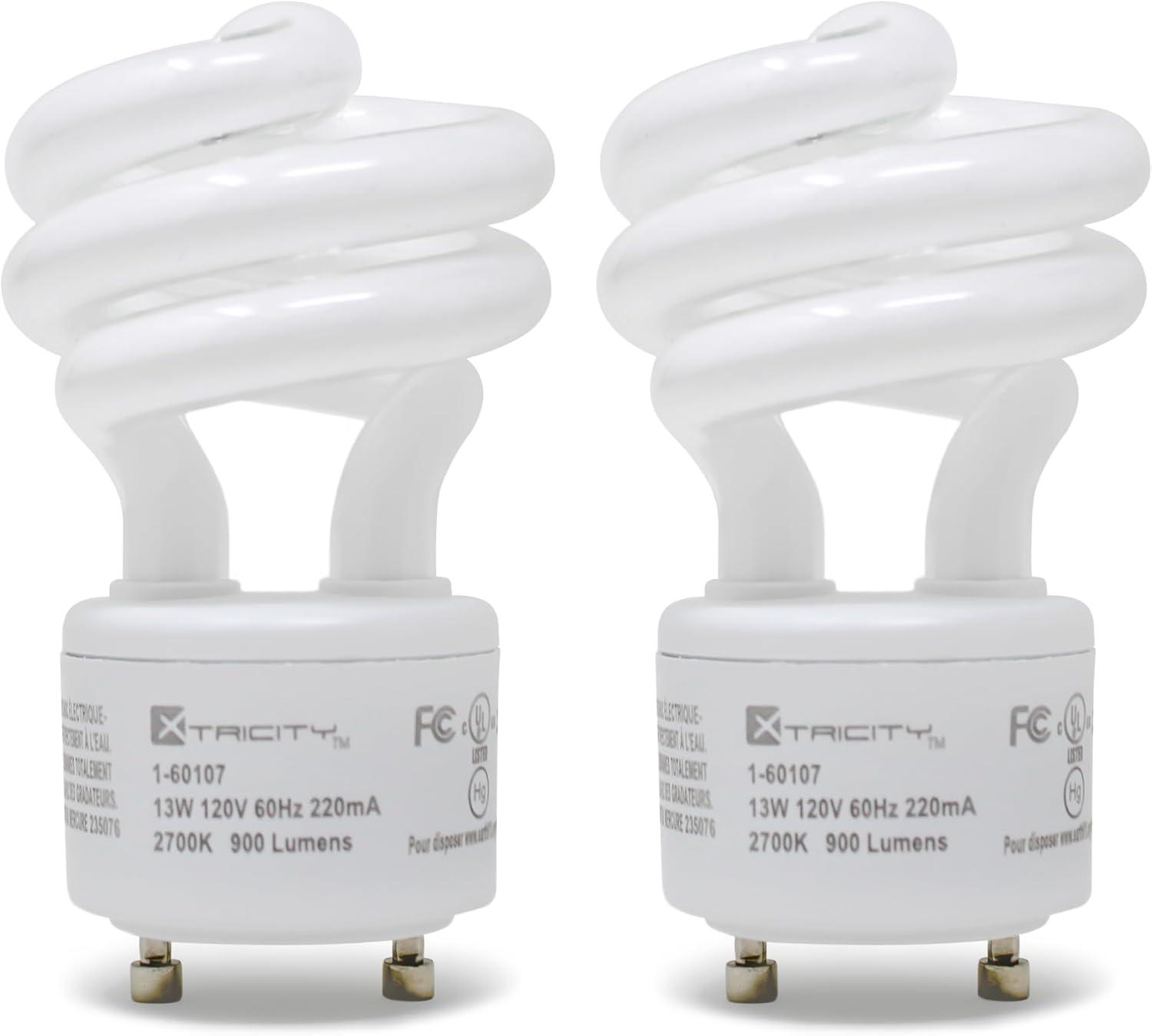 Xtricity Compact Fluorescent GU24 2 Prong Light Bulb Base, T2 Mini Spiral, 13W (60 Watt Equivalent), 2700k Soft White, 900 Lumens, CFL, 120V, UL Listed (2 Pack)