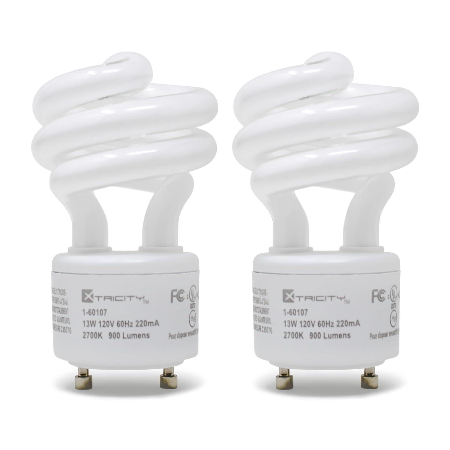 Xtricity Compact Fluorescent GU24 2 Prong Light Bulb Base, T2 Mini Spiral, 13W (60 Watt Equivalent), 2700k Soft White, 900 Lumens, CFL, 120V, UL Listed (2 Pack)