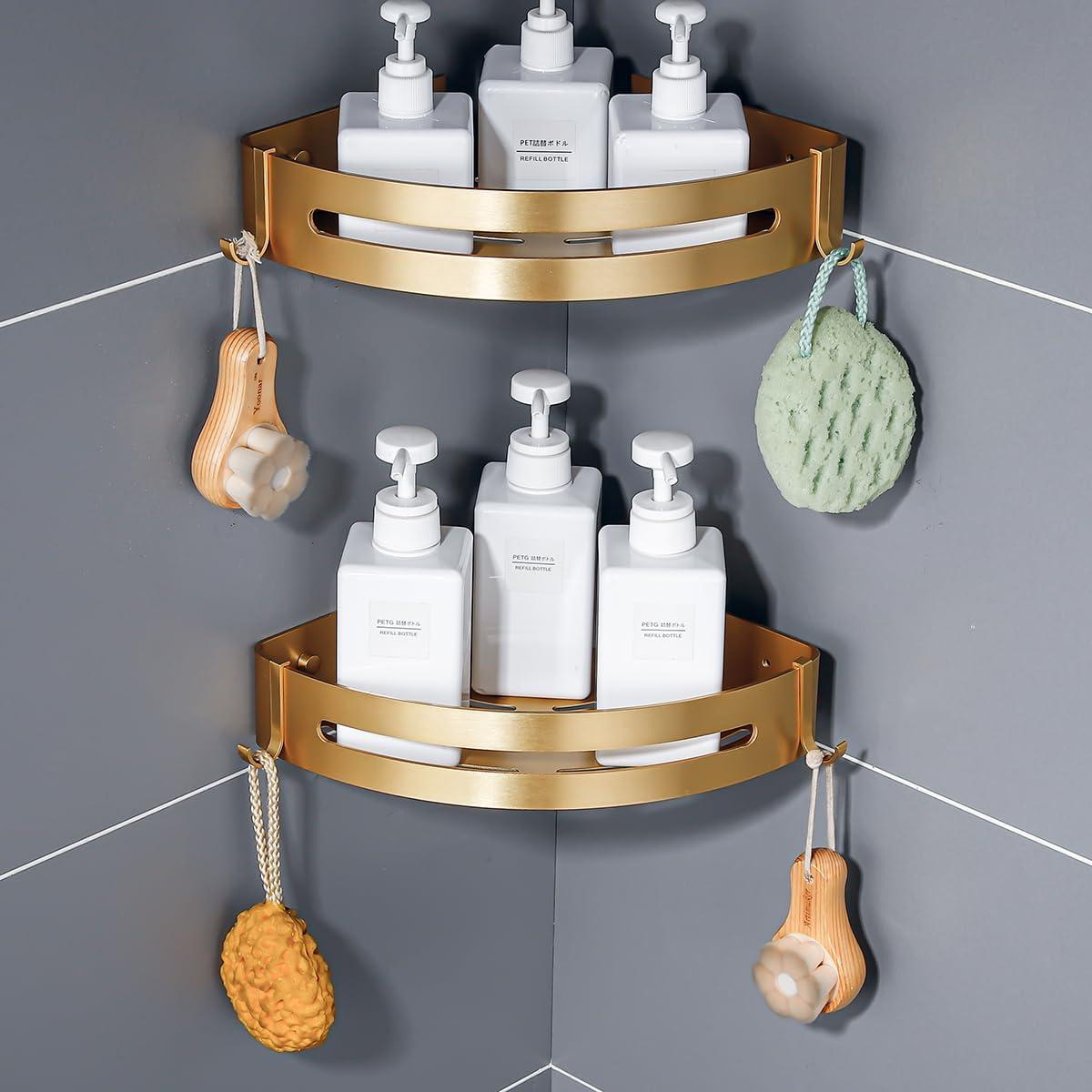 Brushed Gold Color 2 Packed Bathroom Shelves Shower Corner Caddy Organizer Shampoo Holder,Adhesive or Drilling