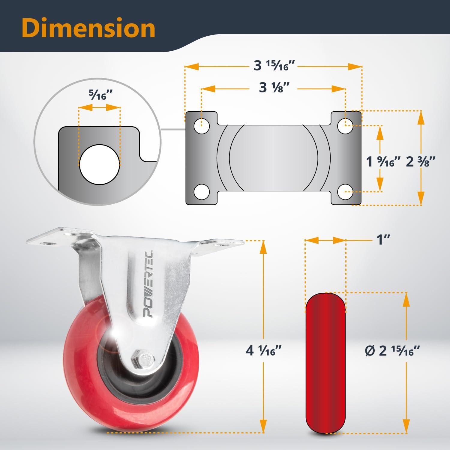 POWERTEC 4PK 3 inch Fixed Caster Wheels with 640 lbs Loads, Heavy Duty Plate Casters, Rigid Fixed Rubber Castor Wheels for Furniture, Cart, Dolly and Workbenches, 17207