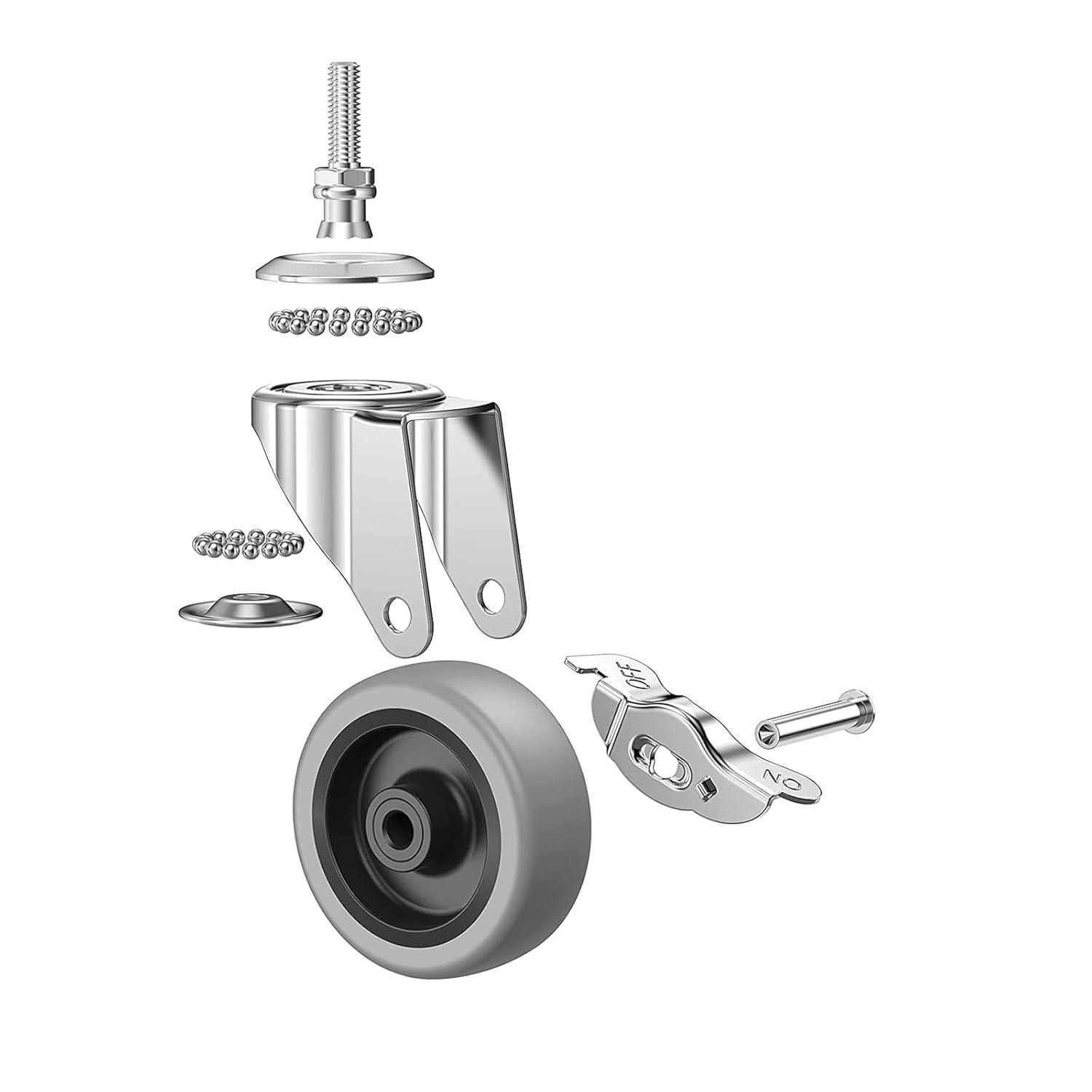 3 Inch Swivel Stem Caster Wheels with Brake Set of 4, M8-1.25 Threaded Stem Industrial Rubber Casters, Replacement for Furniture and Workbench……