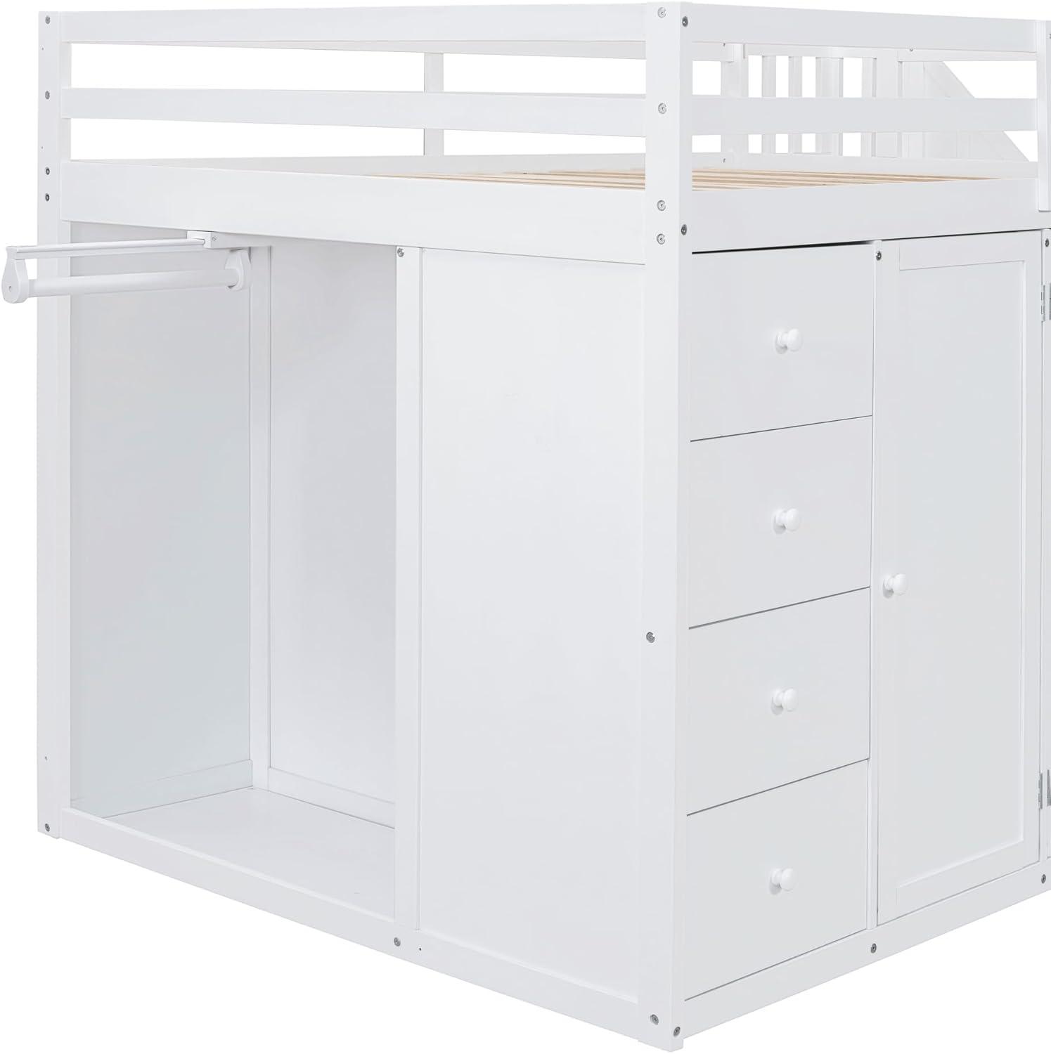 Harper & Bright Designs Full Size Loft Bed with Stairs and Wardrobes, Solid Wood Loft Bed Frame with Storage Cabinets and Drawers for Kids Teens Adults, Weight Capacity: 600LBS, White