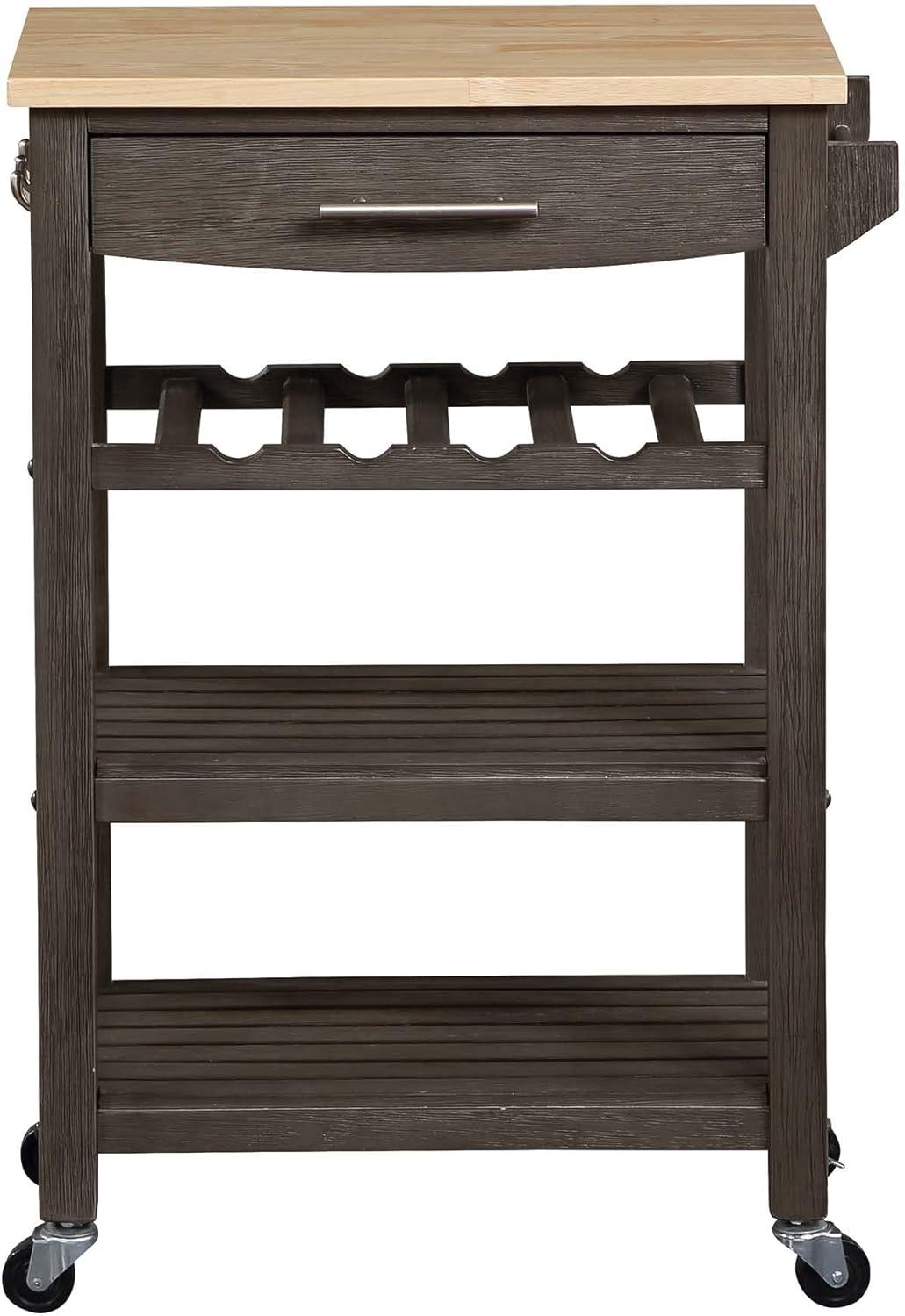 Ellaine 4 Tier Butcher Block Kitchen Cart with Drawer and Wine Rack, Wirebrush Dark Gray/Butcher Block