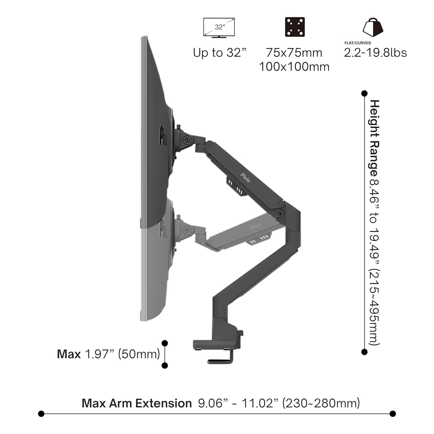 Pixio PS1S Wave Black Single Monitor Arm Stand Desk Mount - Fits up to 32 inches Monitors and up to 19.8lbs. VESA Compatibility and Integrated Cable Management