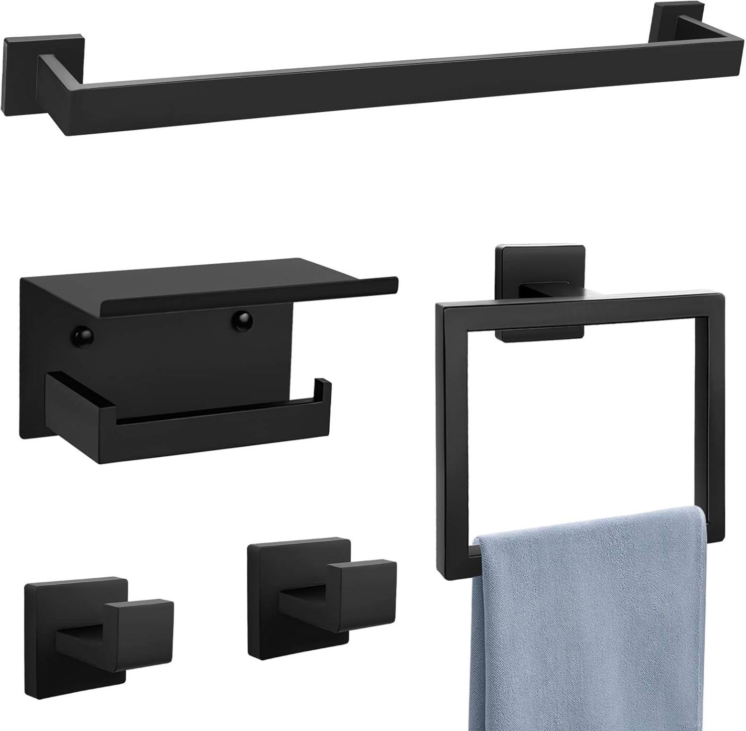 Black Towel Bar Set 5-Piece Bathroom Hardware Set,Square SUS304 Stainless Steel - 23.6 Inch Wall Mounted Towel Rack,Toilet Paper Holder,Towel Ring and Towel Hook