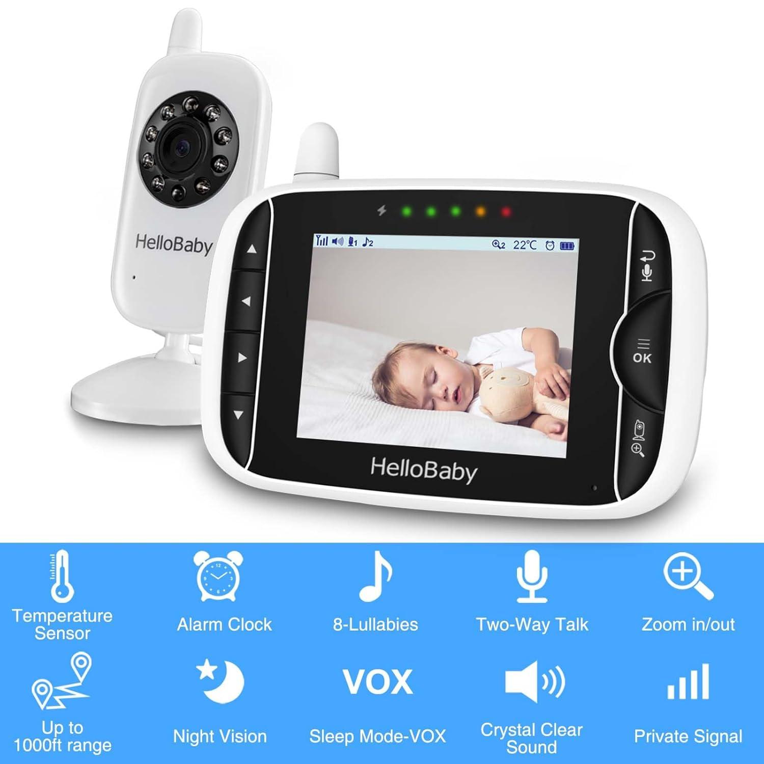 Video Baby Monitor with Camera and Audio, 3.2Inch LCD Display, Infrared Night Vision, Two-Way Audio and Room Temperature Monitoring,Lullaby,Sound Activated Screen HB