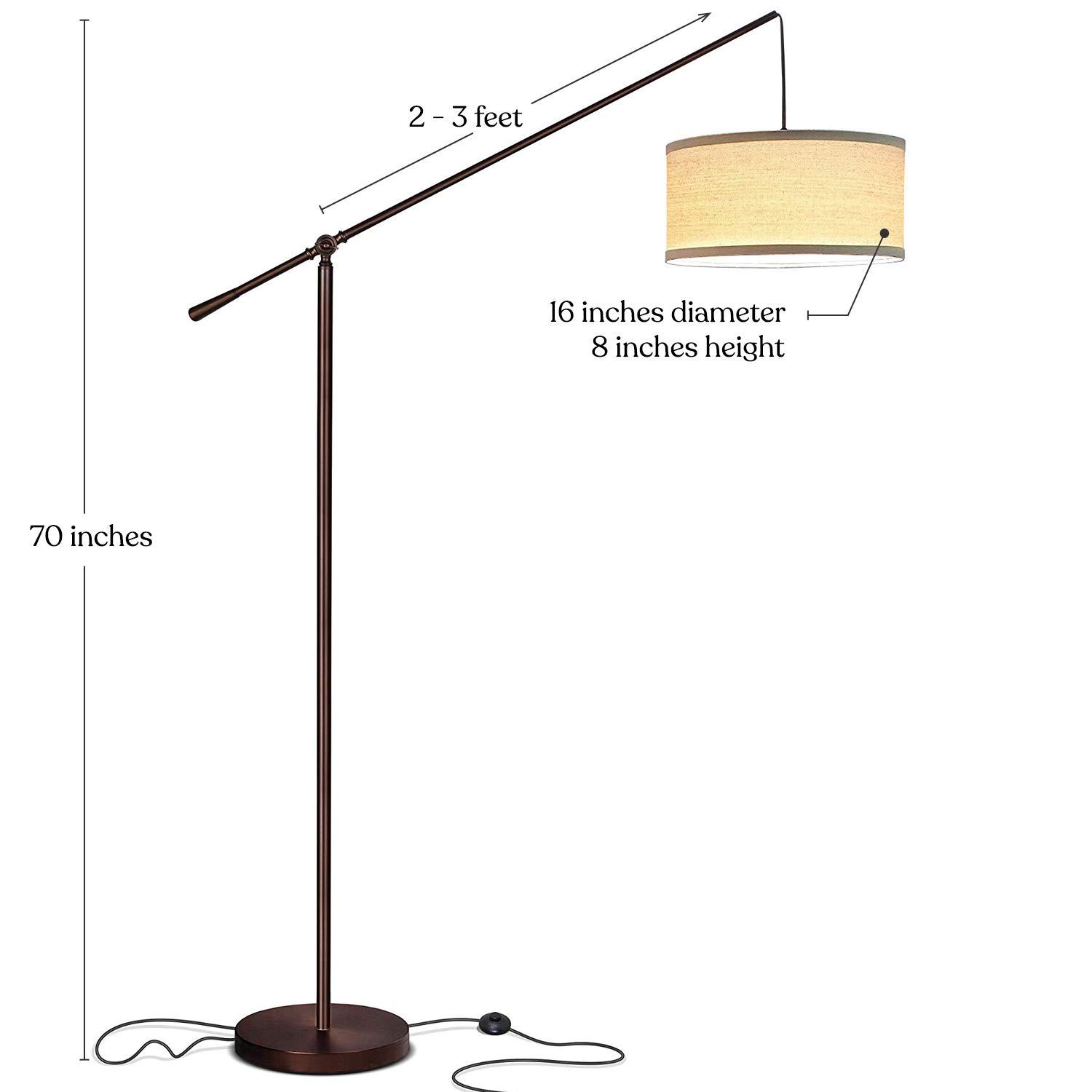 Brightech Hudson 70" Modern LED Floor Lamp with Adjustable Height, Brushed Bronze Finish, and Beige Fabric Drum Shade, Bulb Included