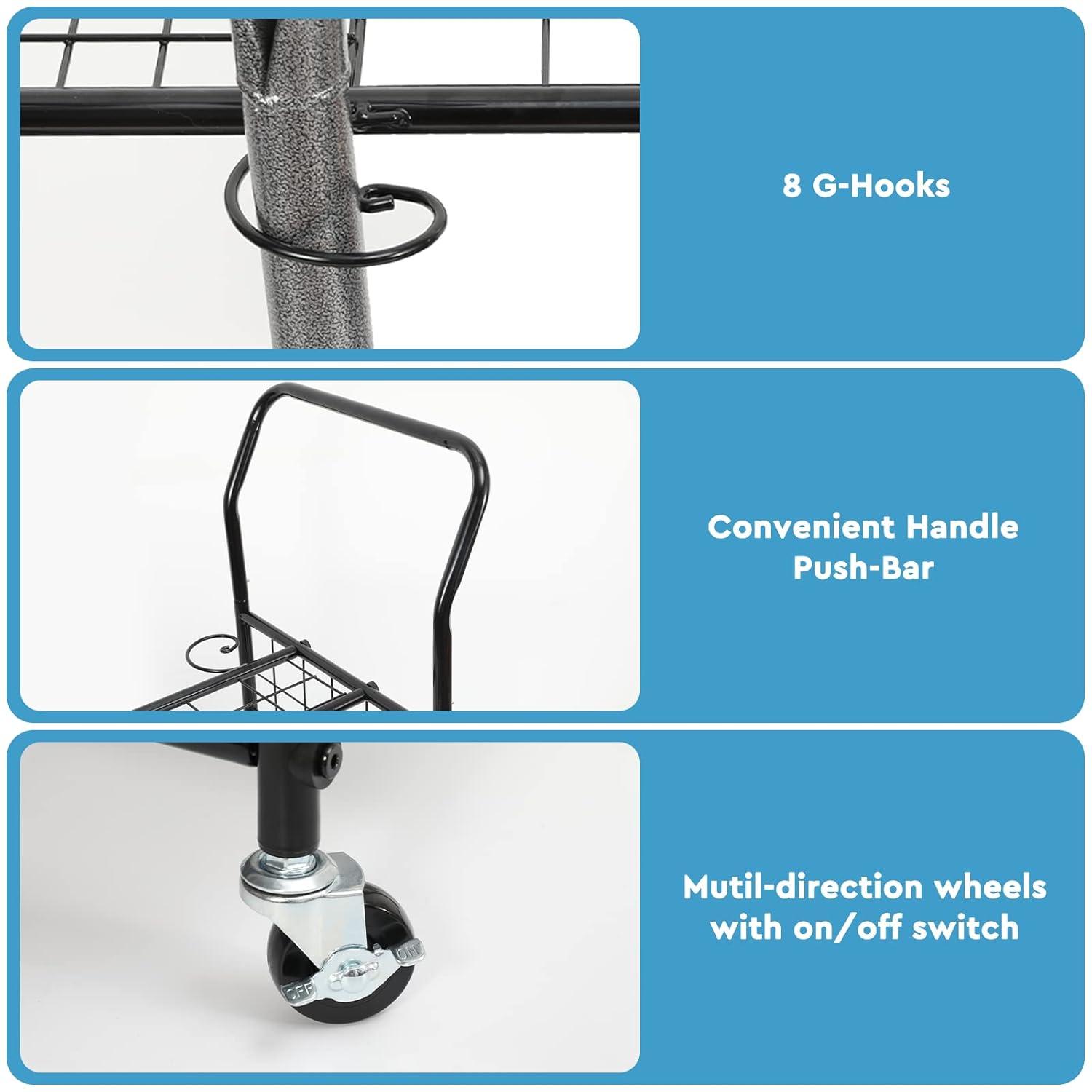 Garden Tool Storage Organizer, Yard Tool Storage for Garage, Shed, Garden Tool Rack Stand on Wheels, Up to 36 Long Handle Tool Storage, Steel, Black (WEY09)