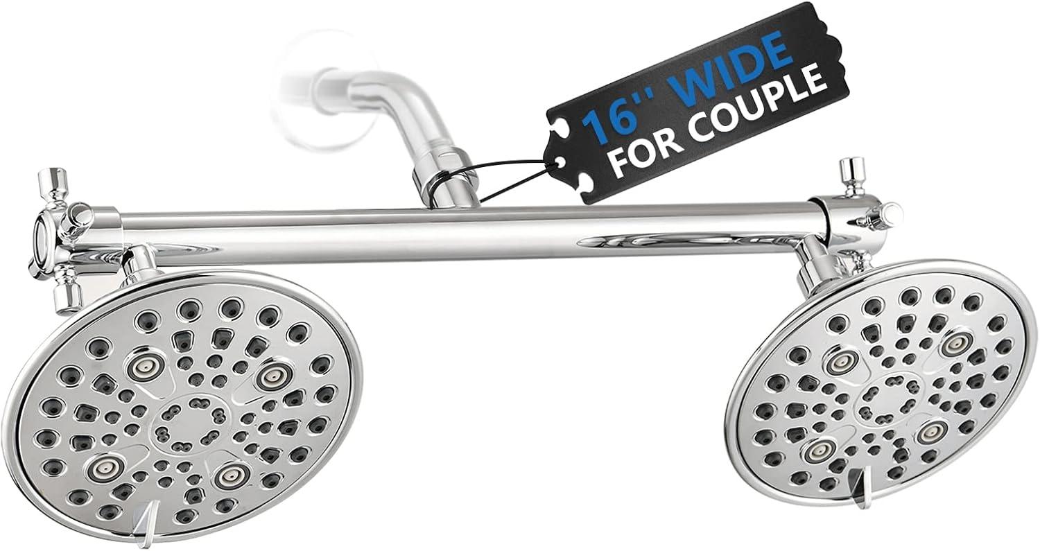 Proox Double Shower Head with Built-in Valve, High Pressure 6 Setting Dual Shower Head Design for Couple on Walk-in Bathroom or Single on Bathtub Bathroom - Chrome