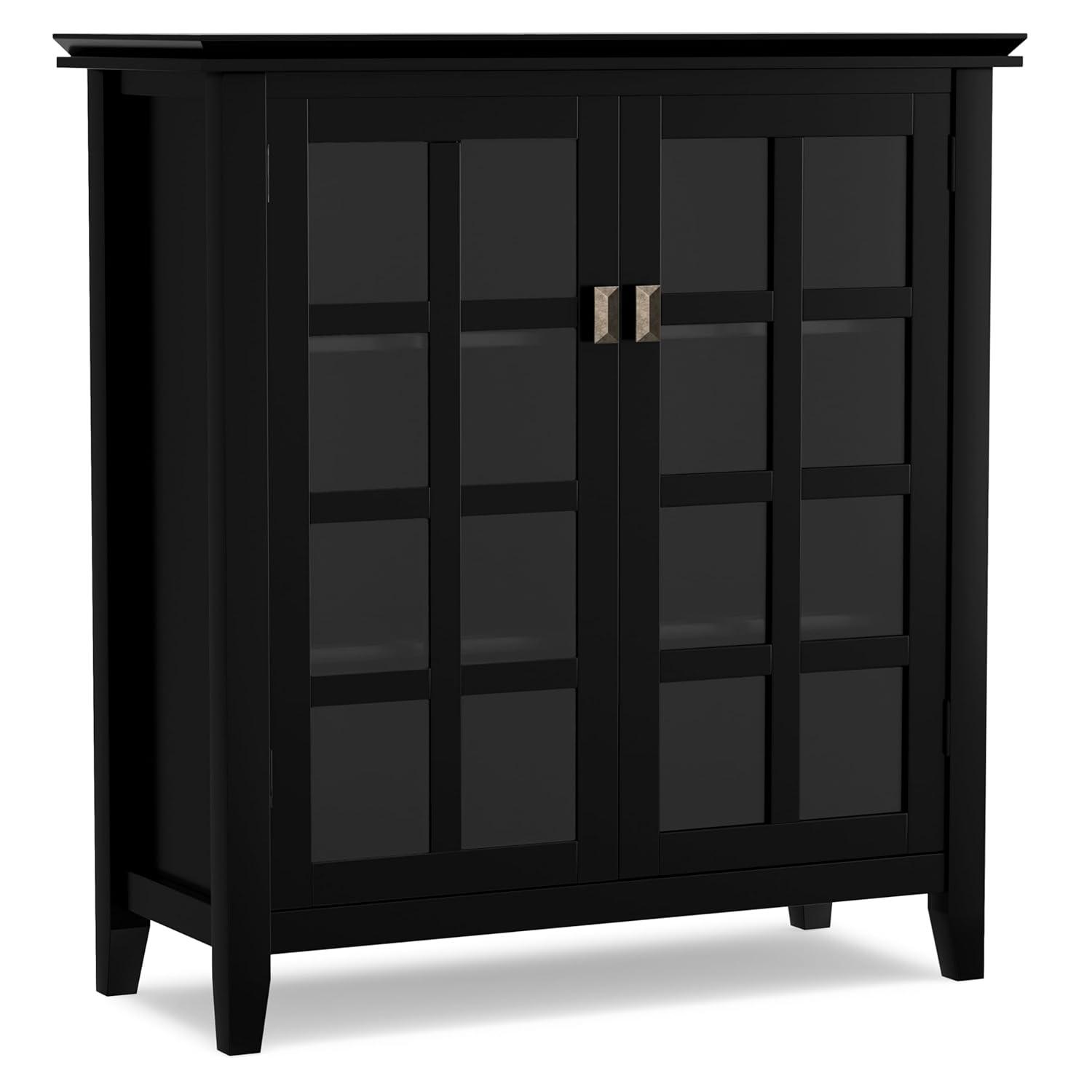 Simpli Home Artisan 38"W Solid Wood 4-Shelf Medium Storage Cabinet with Glass Doors and Adjustable Shelves