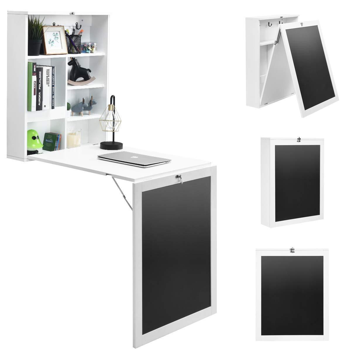 Folding Wall Desk, Wall Mounted Fold Out Table with Storage Shelves & Hooks, Hideaway Desk with Chalkboard, Floating Corner Desk for Small Spaces (White)