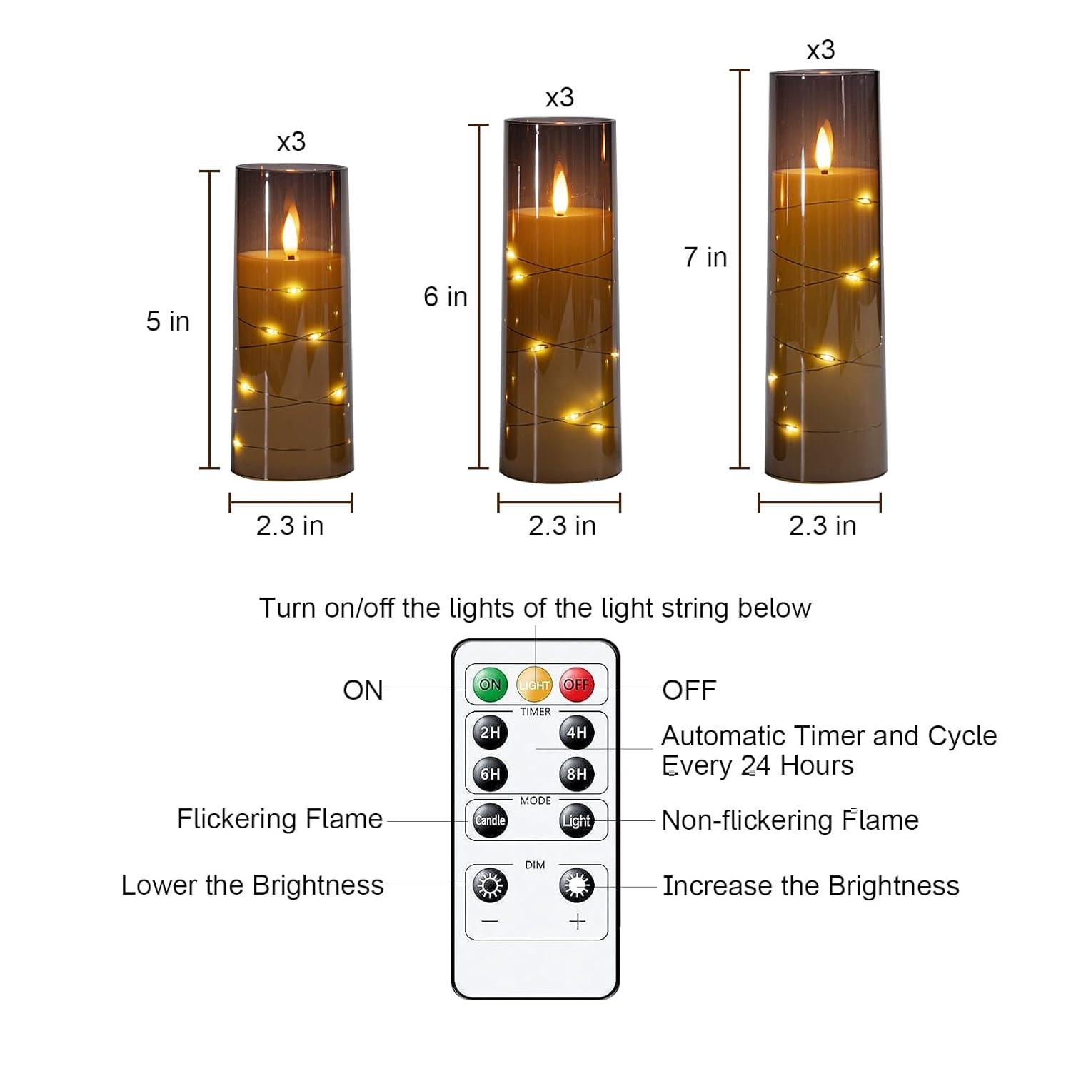 Gray Flameless LED Decorative Pillar Candles with Remote, Set of 9