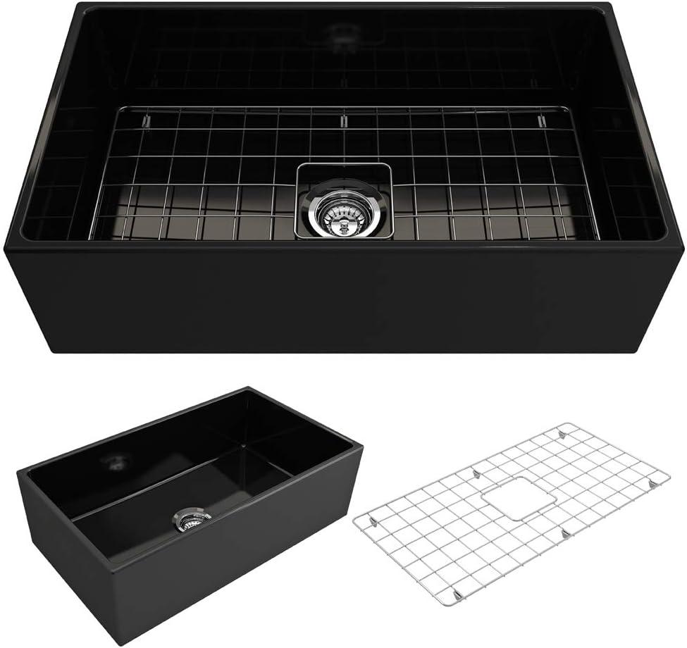 BOCCHI Contempo Farmhouse Apron Front Fireclay 33 in. Single Bowl Kitchen Sink with Protective Bottom Grid and Strainer in Matte Gray