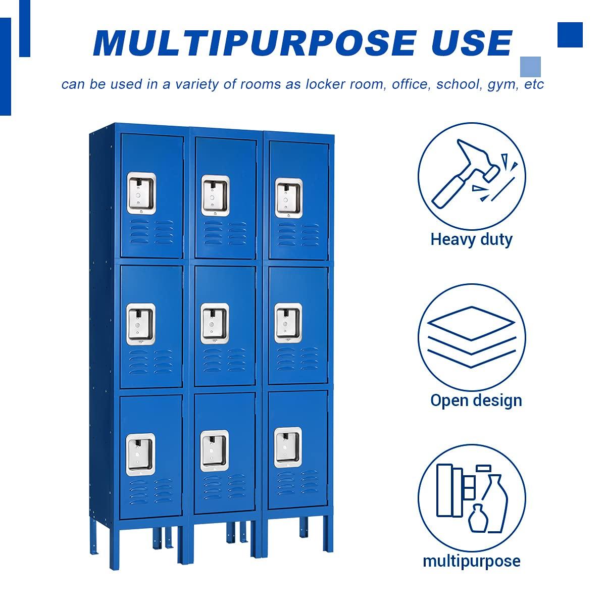 INTERGREAT Metal Locker for School Office Gym Metal Storage Locker Cabinet for Employees Students Steel Locker Triple Tier with 3 Door Blue