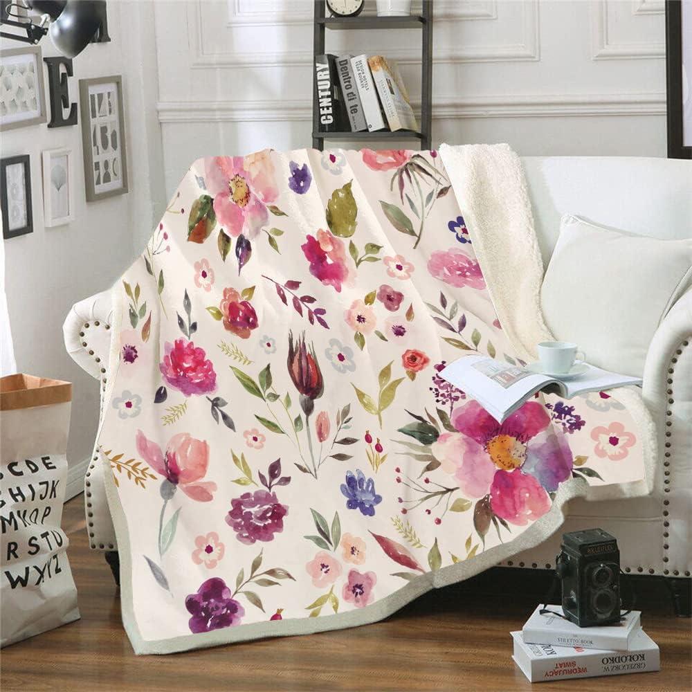 Floral Sherpa Fleece Throw Blanket with Watercolor Design