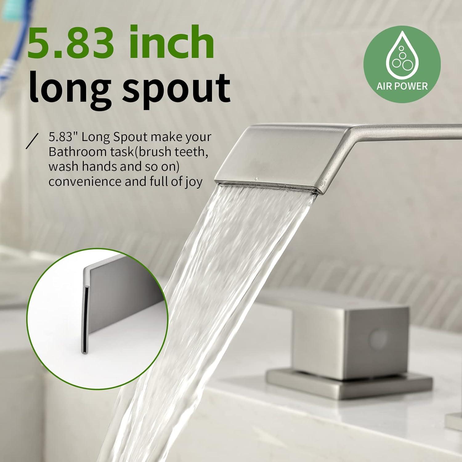 GGStudy Brushed Nickel Widespread 3 Holes 2 Handle Waterfall Modern Bathroom Sink Faucet with Pop Up Drain