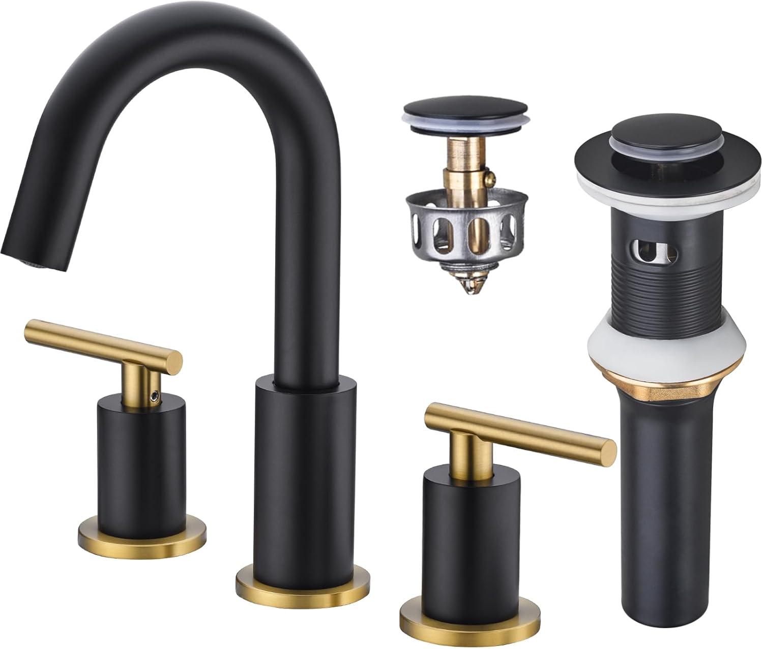 8-Inch Widespread Black and Gold Stainless Steel Bathroom Faucet