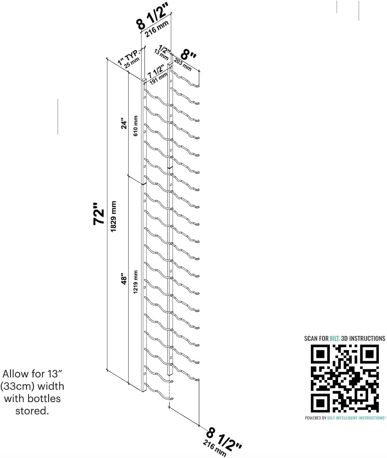Brushed Nickel Double Deep Wall Mounted Wine Rack for 36 Bottles