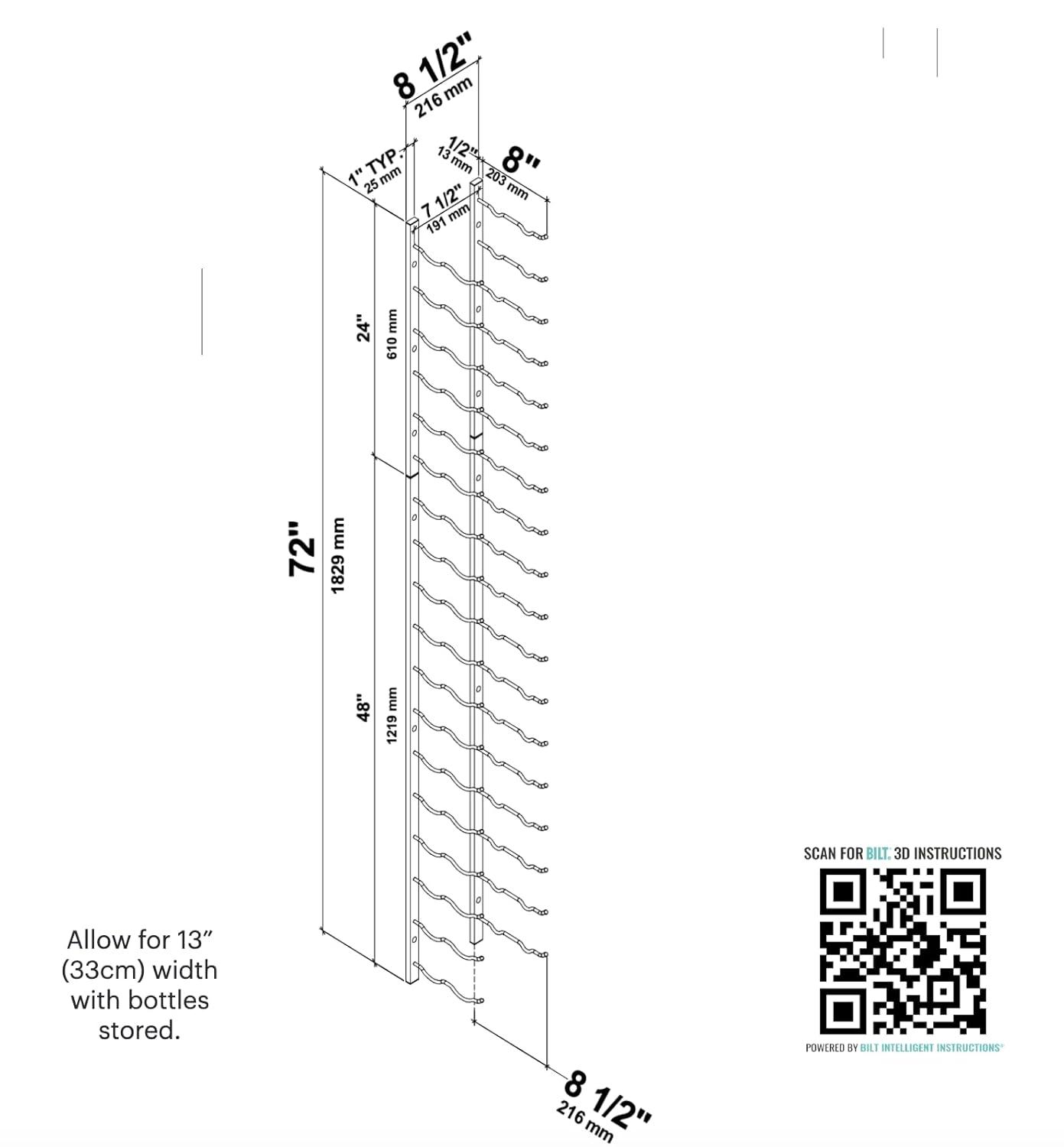 Brushed Nickel Double Deep Wall Mounted Wine Rack for 36 Bottles