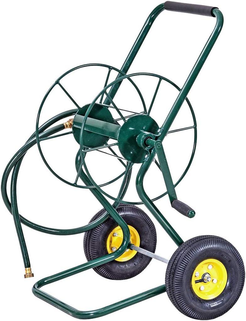 Green Steel Frame Garden Hose Reel Cart with 10" Wheels