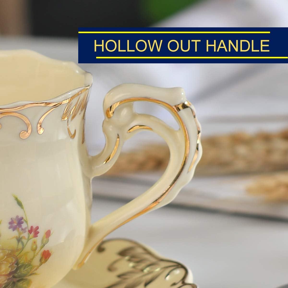 ShengRui Tea Cup and Saucer Set, 8 oz Tea Cup Set, Teacup, Ceramic Tea Cup with Suacer Spoon, Ivory Vintage Rose Floral with Gold Leaves Trim, Gifts for Women
