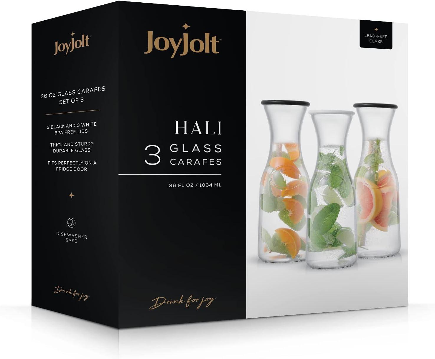 JoyJolt Hali Glass Carafe Bottle Pitcher with 6 Lids, 36 oz