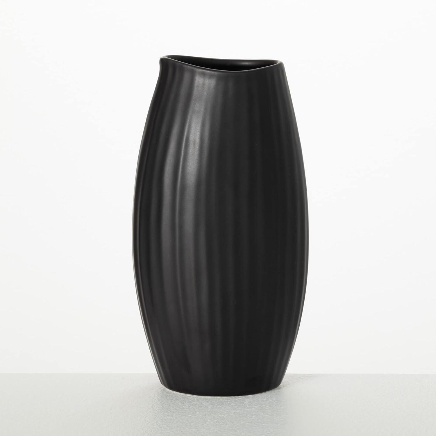 Seashell Textured Ceramic Black Vase 9" Table Bouquet Holder
