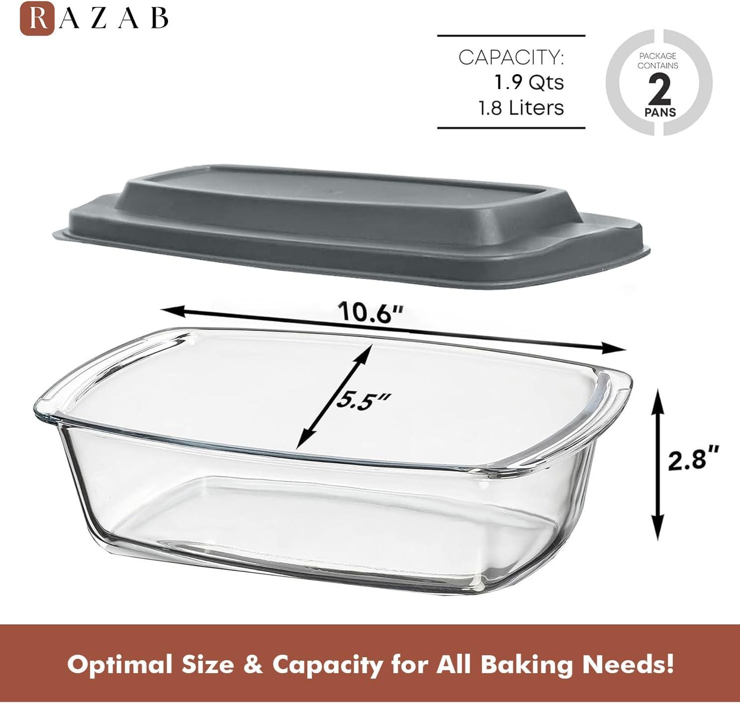 Razab 1800ml Large Glass Loaf Pans with Lids (Set of 2) 10 x 5in Bread Baking Pans, Bpa Free with Easy-Grip Handles