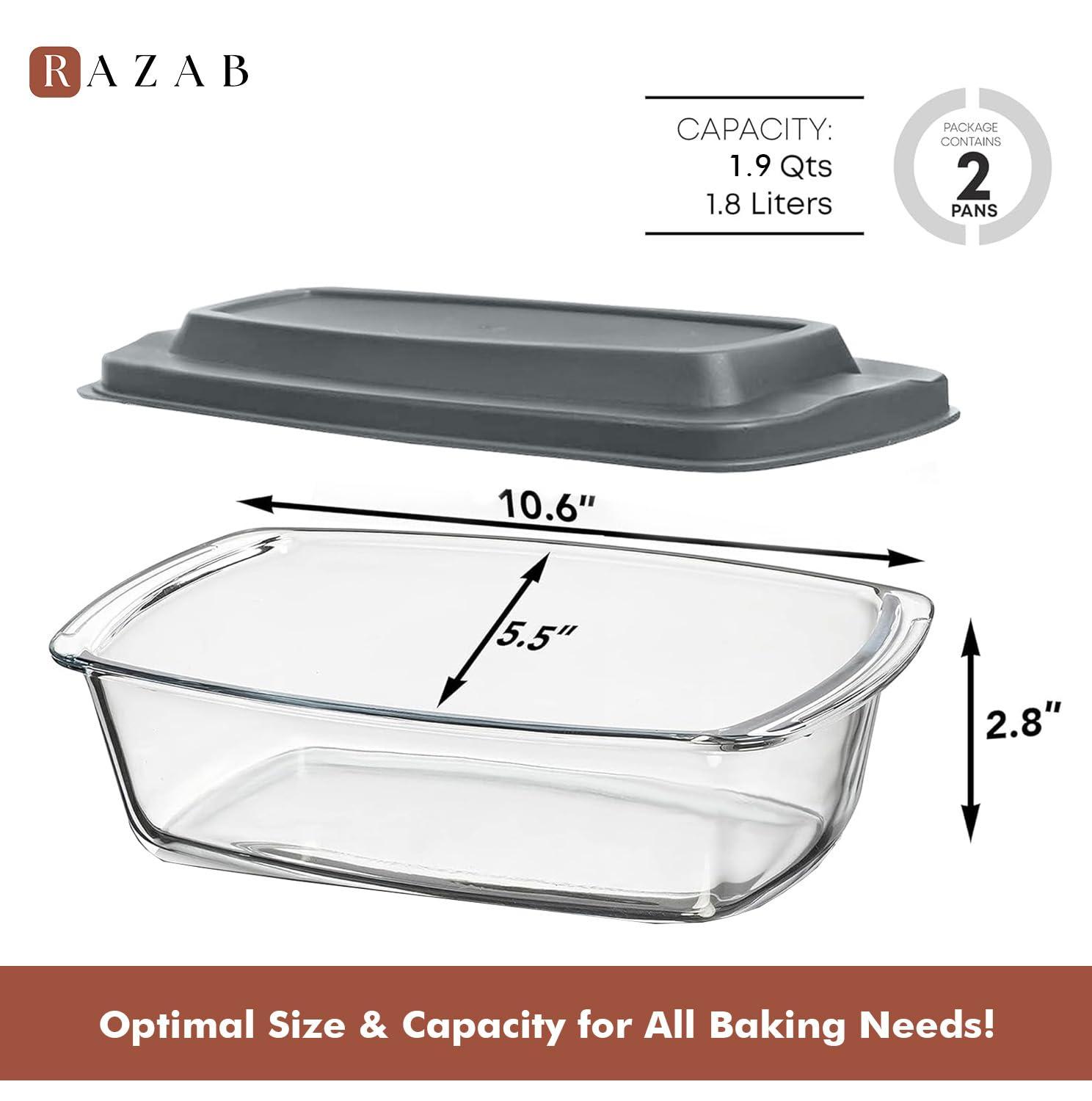 Razab 1800ml Large Glass Loaf Pans with Lids (Set of 2) 10 x 5in Bread Baking Pans, Bpa Free with Easy-Grip Handles