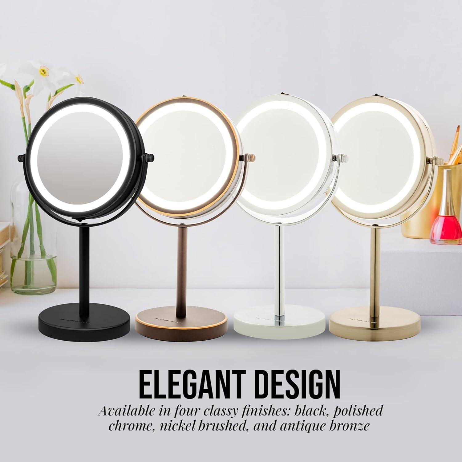 Ovente OVENTE 6" Lighted Makeup Mirror with 1X/7X Magnification, Cordless Tabletop Mount Vanity Round Mirror with 360° Swivel Design and Double Sided Cool Tone LED Ring Light, Nickel Brushed MLT60BR1X7X