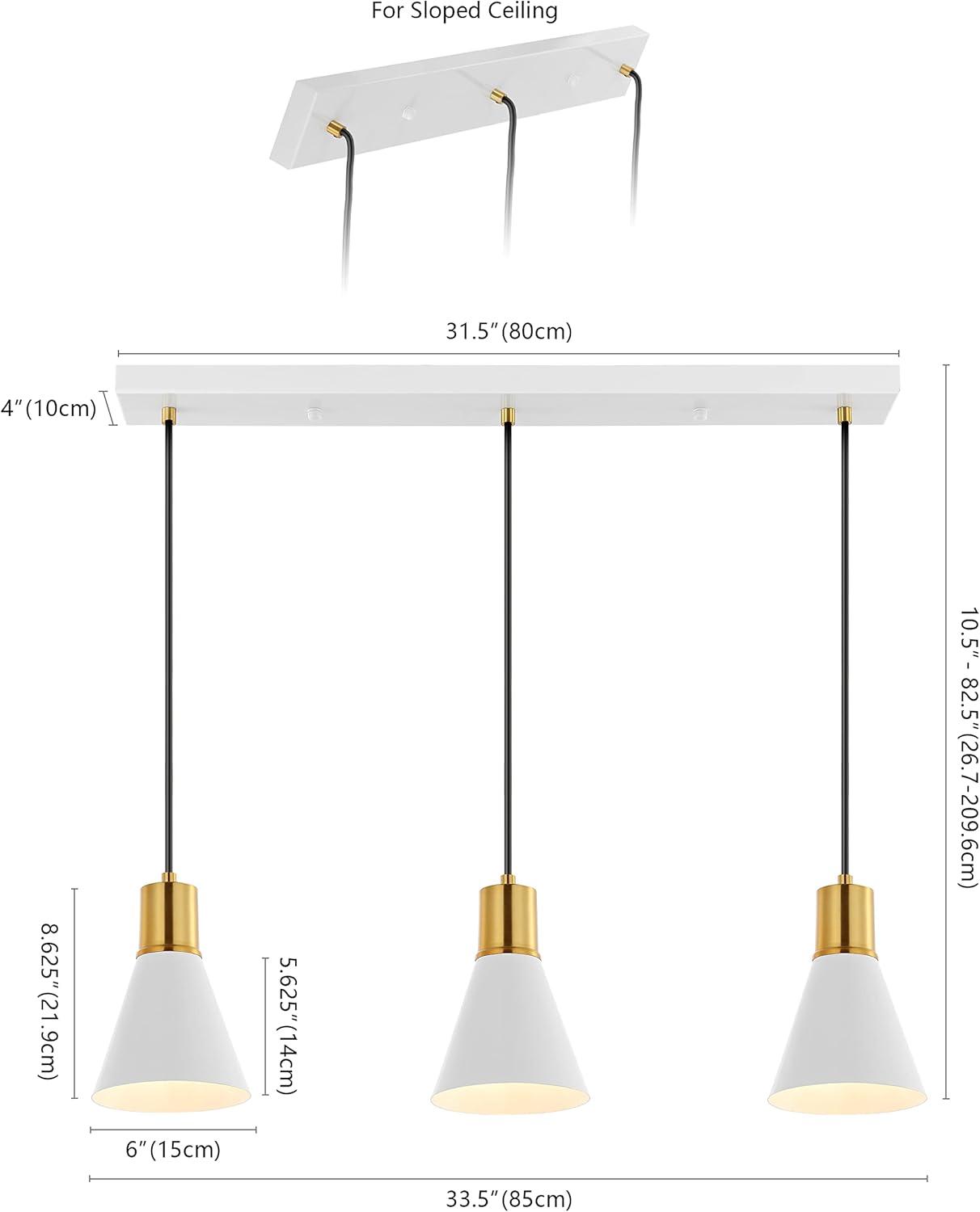 Apollo 33.5" 3-Light Mid-Century Modern Iron Adjustable Linear LED Pendant, White/Brass Gold