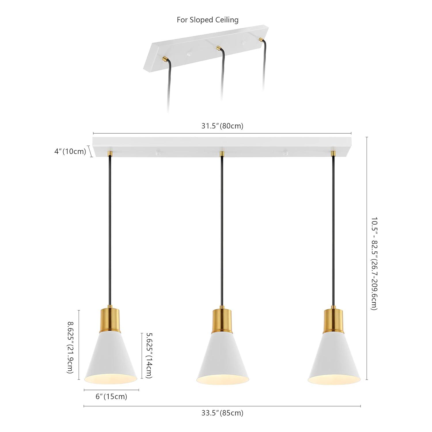 Apollo 33.5" 3-Light Mid-Century Modern Iron Adjustable Linear LED Pendant, White/Brass Gold
