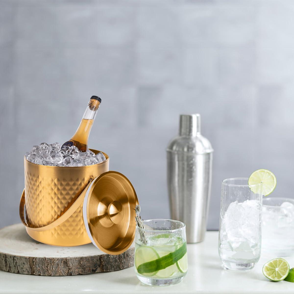 3L Double Wall Insulated Stainless Steel Ice Bucket with scoop & Strainer for Cocktail Bar,Metal Ice Bucket for freezer with Lid for parties.ice Container to Keep Ice Colder,bar cart accessories(gold)