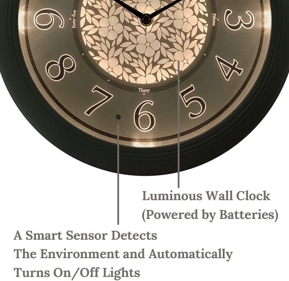 PresenTime & Co 12.6" Indoor Luminous Clock, Silent no ticking, Paris sage green, Lighted Clock with Smart Sensor to turn on/off lights in Low/bright light.