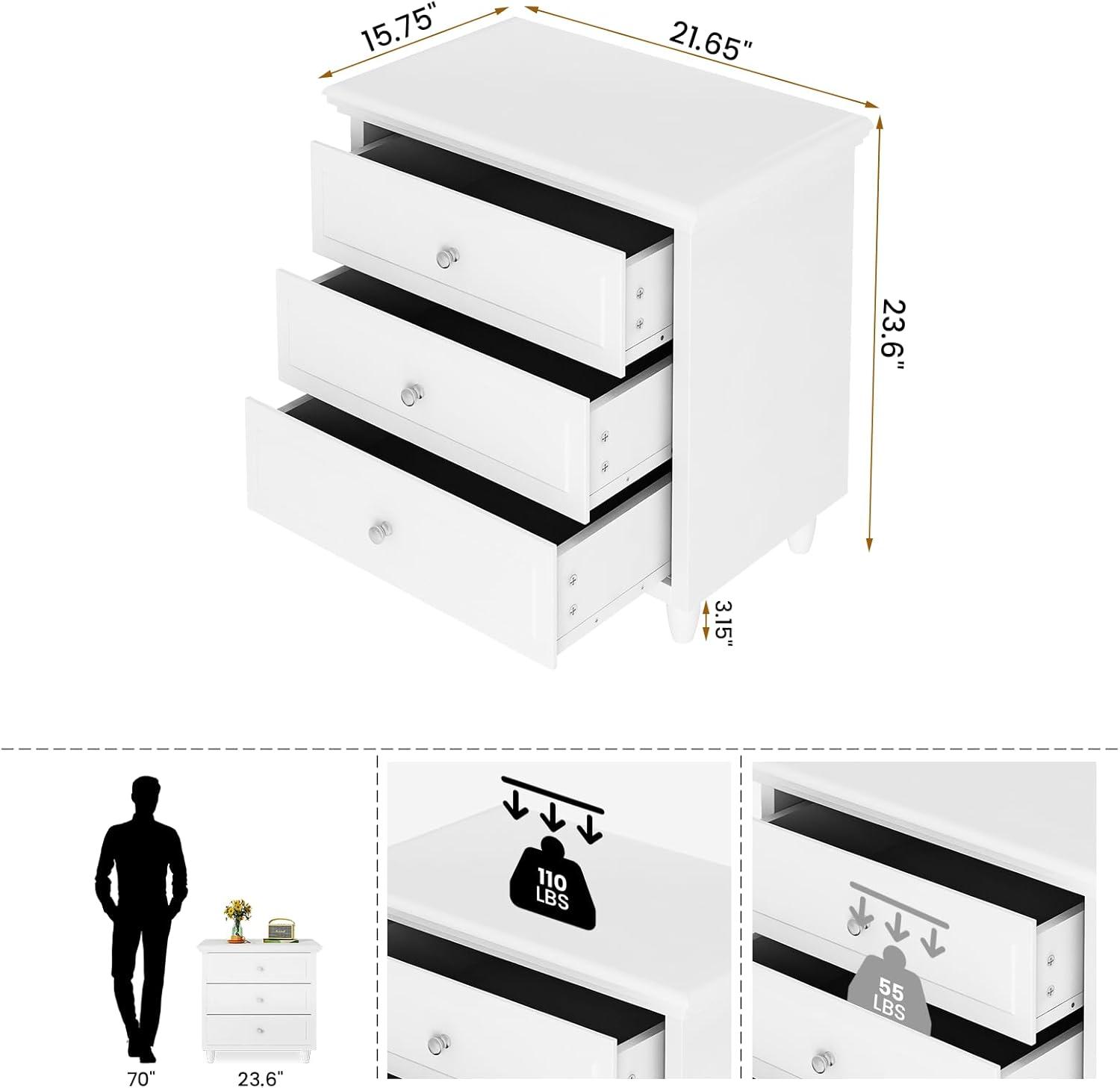 AWQM 3 Drawers Nightstand, with Wood Legs,Modern White Drawers Dresser Bedside Nightstand,Ideal for Bedroom,Living Room, 15.75" D x 21.65" W x 23.6" H,White